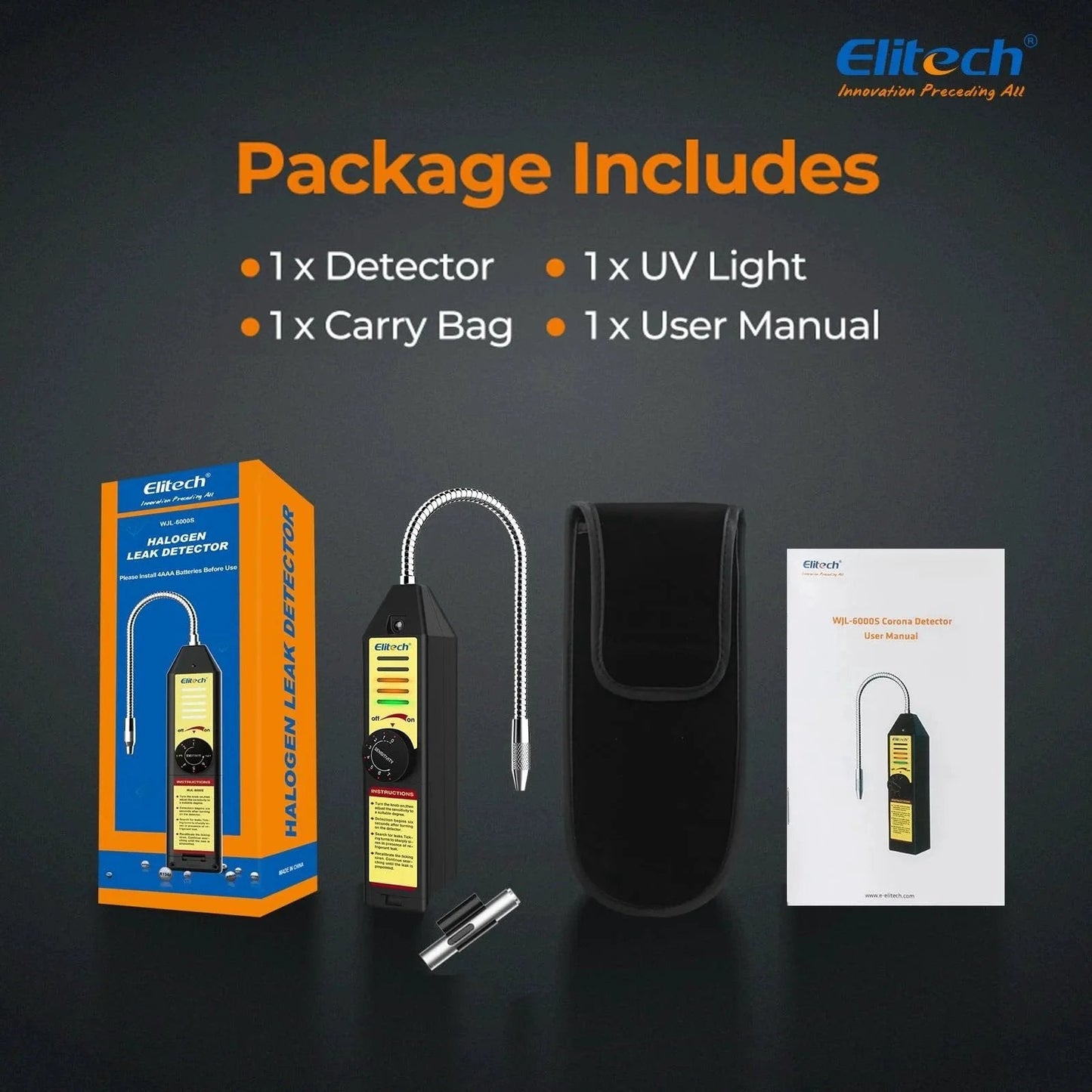 Package contents of Freon Leak Detector For Halogen Refrigerants With Adjustable Sensitivity For HVAC And AC Sniffing Detects R22 R134A R410A R1234YF And All CFC HCFC HFC Blends Reliable Halogen Gas Tester For Ductwork And Maintenance Elitech WJL6000S, including detector, UV light, carry bag, and user manual.