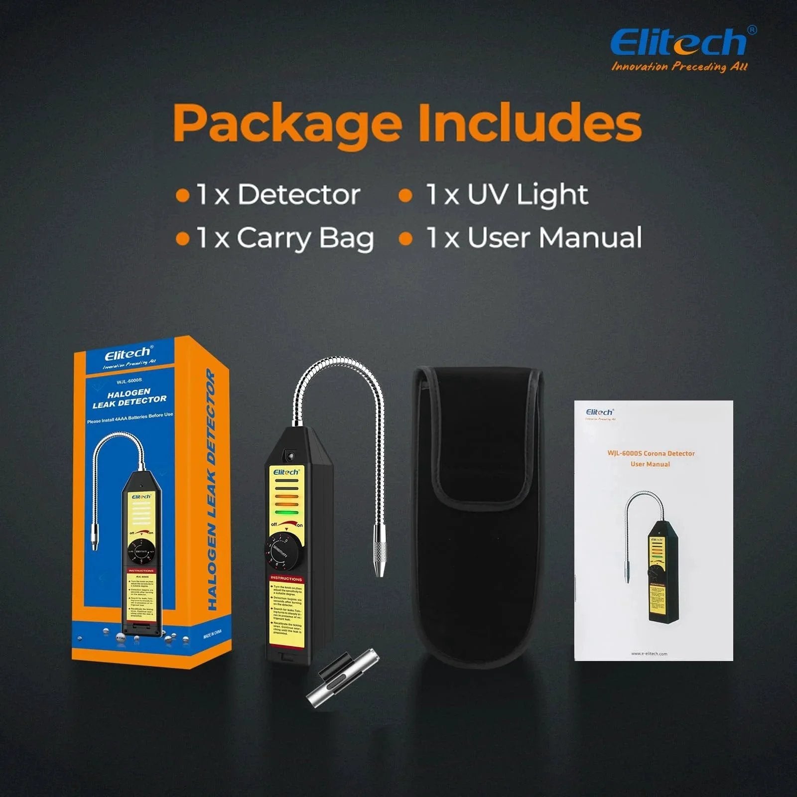 Package contents of Freon Leak Detector For Halogen Refrigerants With Adjustable Sensitivity For HVAC And AC Sniffing Detects R22 R134A R410A R1234YF And All CFC HCFC HFC Blends Reliable Halogen Gas Tester For Ductwork And Maintenance Elitech WJL6000S, including detector, UV light, carry bag, and user manual.