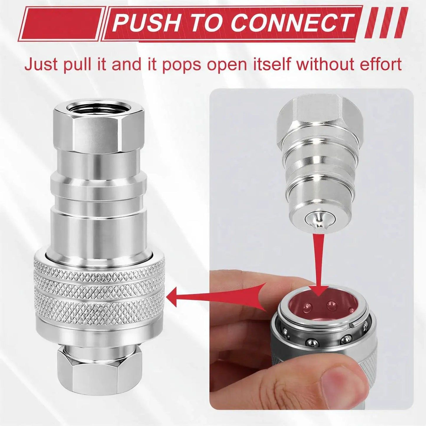Two Pack One Half Inch Agricultural Hydraulic Quick Connect Couplers With Dust Caps ISO 5675, easy connection mechanism shown