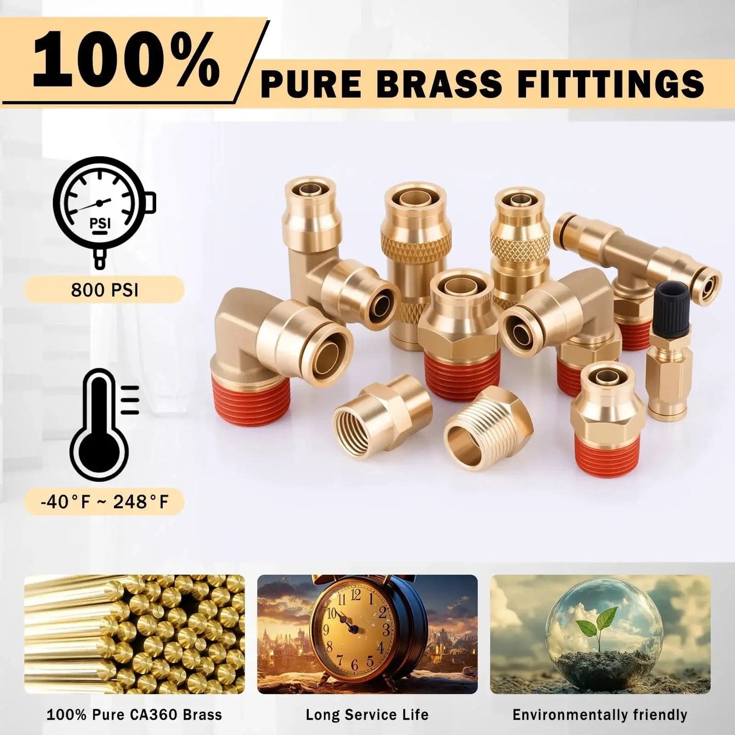 Brass DOT Air Line Fittings Kit 136 Piece Set With Push To Connect And Push Lock Quick Connect Fittings, pure CA360 brass material.