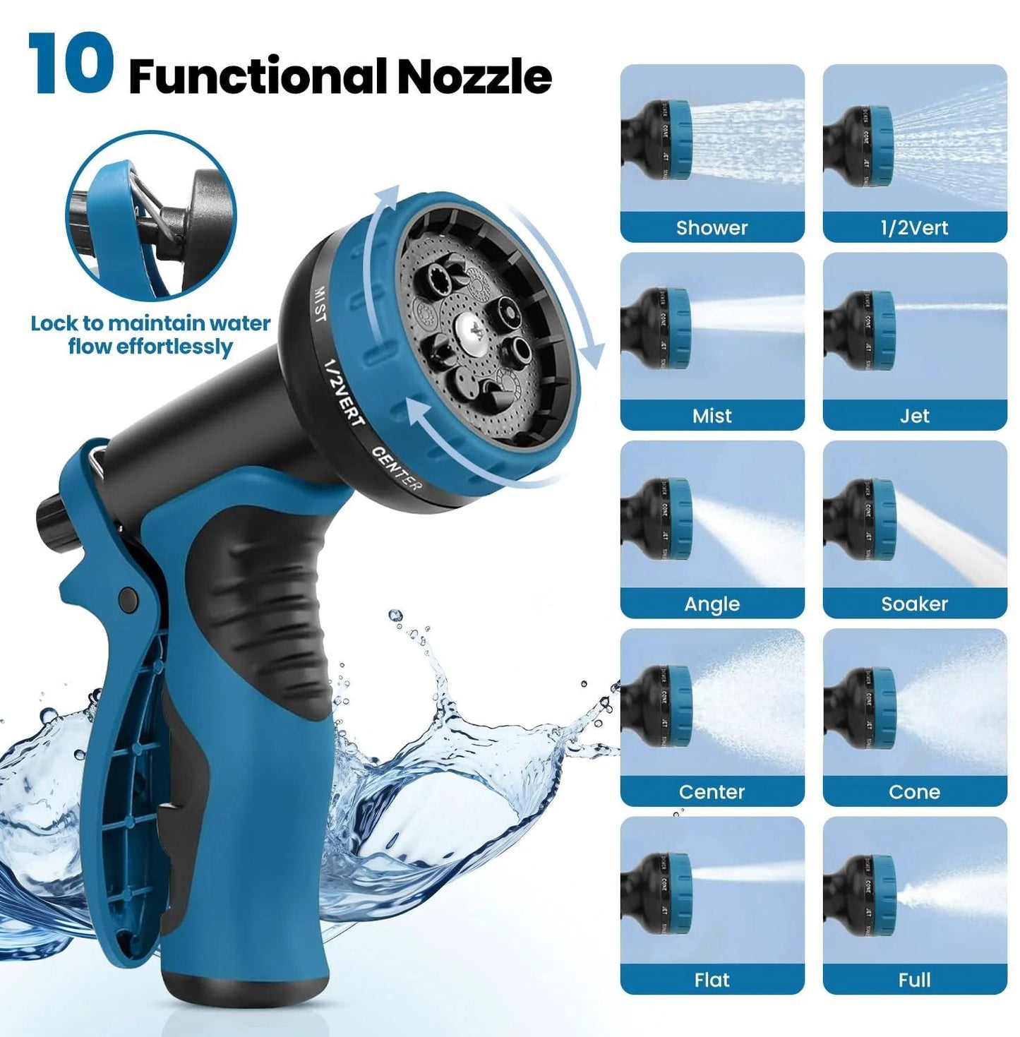 10-function nozzle for Ultra Flex Stainless Steel Garden Hose 100 Ft With 10 Function Nozzle Rust Proof And Leak Proof Connectors.