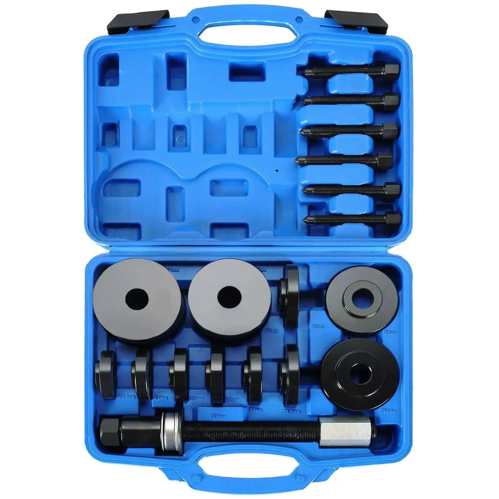 Front Wheel Drive Bearing Puller Set Universal Bearing Press Replacement Installer Removal Tool Kit with 19 pieces in blue case