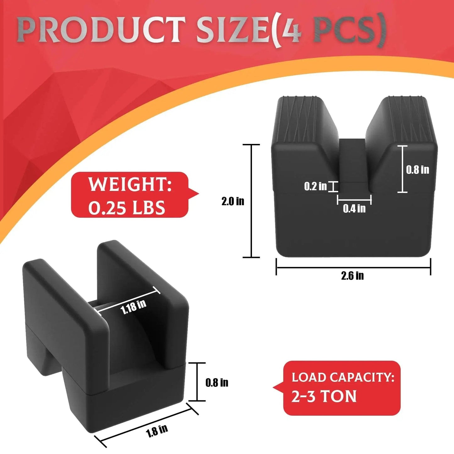 Four Pack Car Jack Pad Adapters For Jack Stands Rubber Slotted Frame Rails 3 Ton with size and weight details