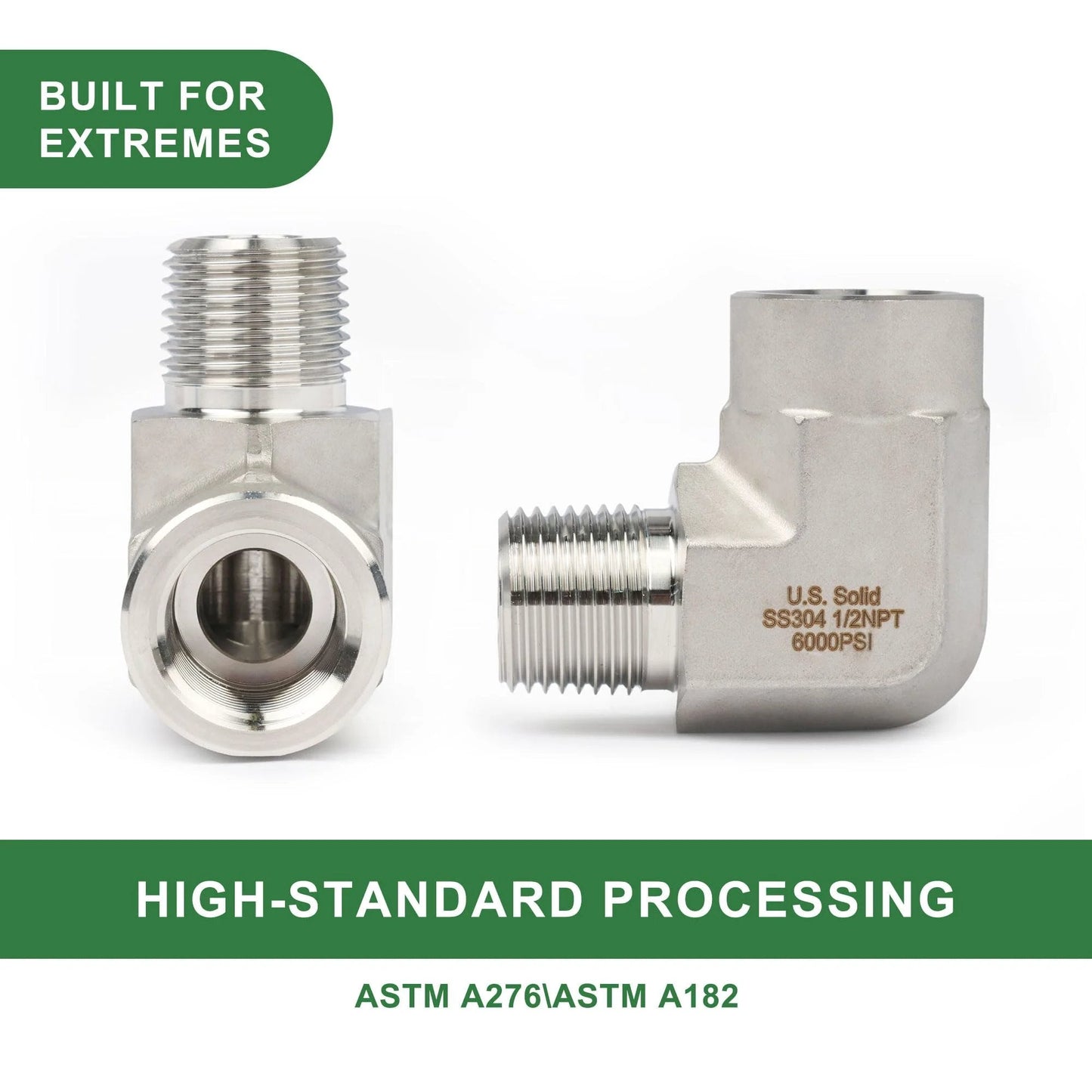 304 Stainless Steel High Pressure 6000 Psi Right Angle Street Elbow Pipe Fitting Male To Female Thread Barstock For Plumbing Industrial Job Sites For Heavy Duty Use, front and side view.
