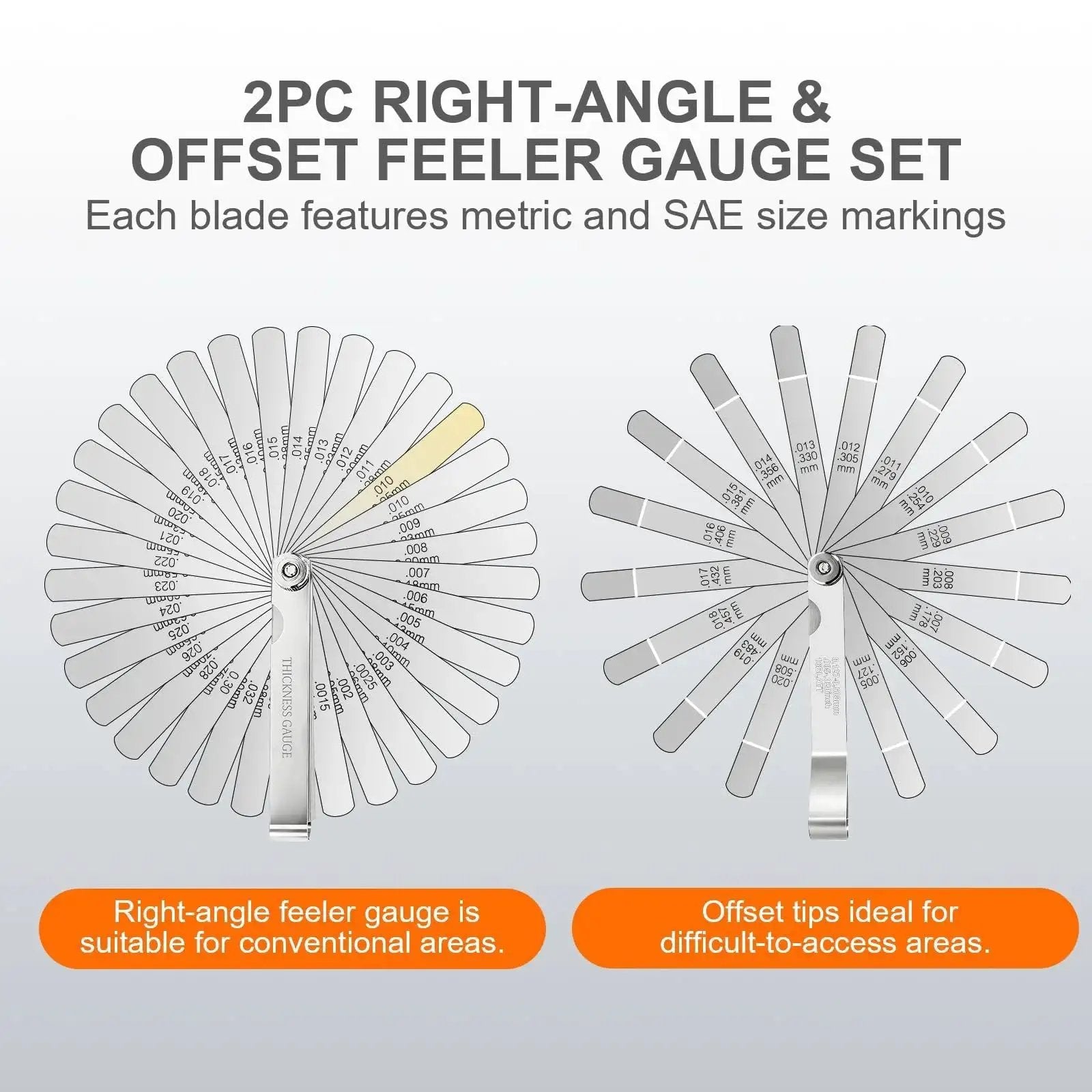 Stainless Steel Feeler Gauge Set With 32 Straight Blades And 16 Angled Blades For Precise Gap And Thickness Measurement And Stackable Blades For Readings Pro Grade For Guitar Setup Spark Plugs Valves Piston Clearance And Auto Marine DIY Projects.
