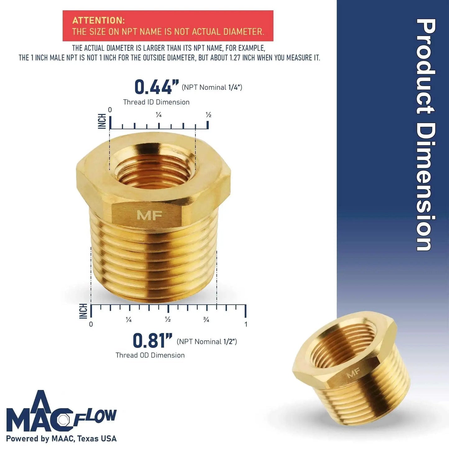 Tough As Nails Brass NPT Adapter Reducer Hex Bushing One Half Inch Male NPT To One Quarter Inch Female NPT MAACFLOW Brass Fittings