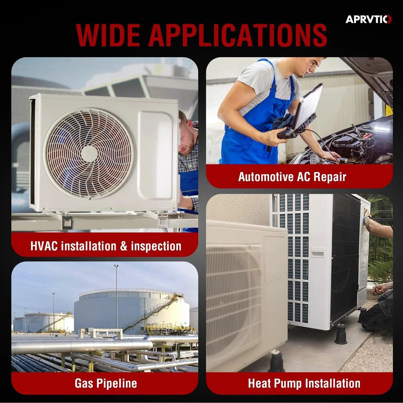 Image showing HVAC unit, automotive AC repair, gas pipeline, and heat pump installation applications.