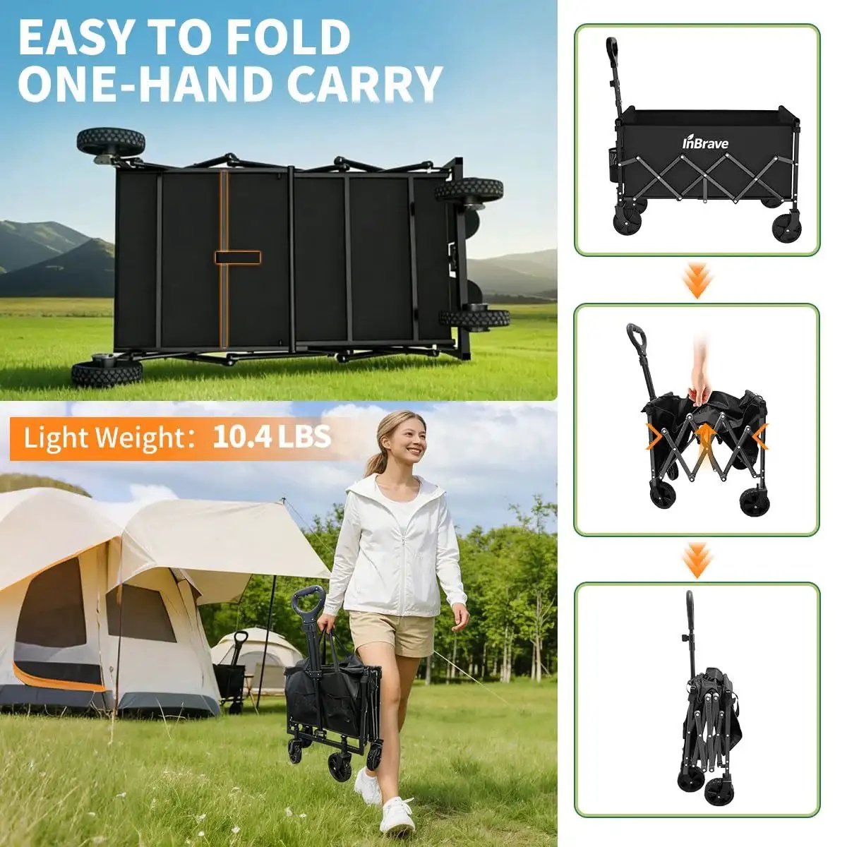 Collapsible Wagon Cart With All Terrain Wheels Foldable Beach Grocery Cart 380 Lb Heavy Duty Load Capacity Black