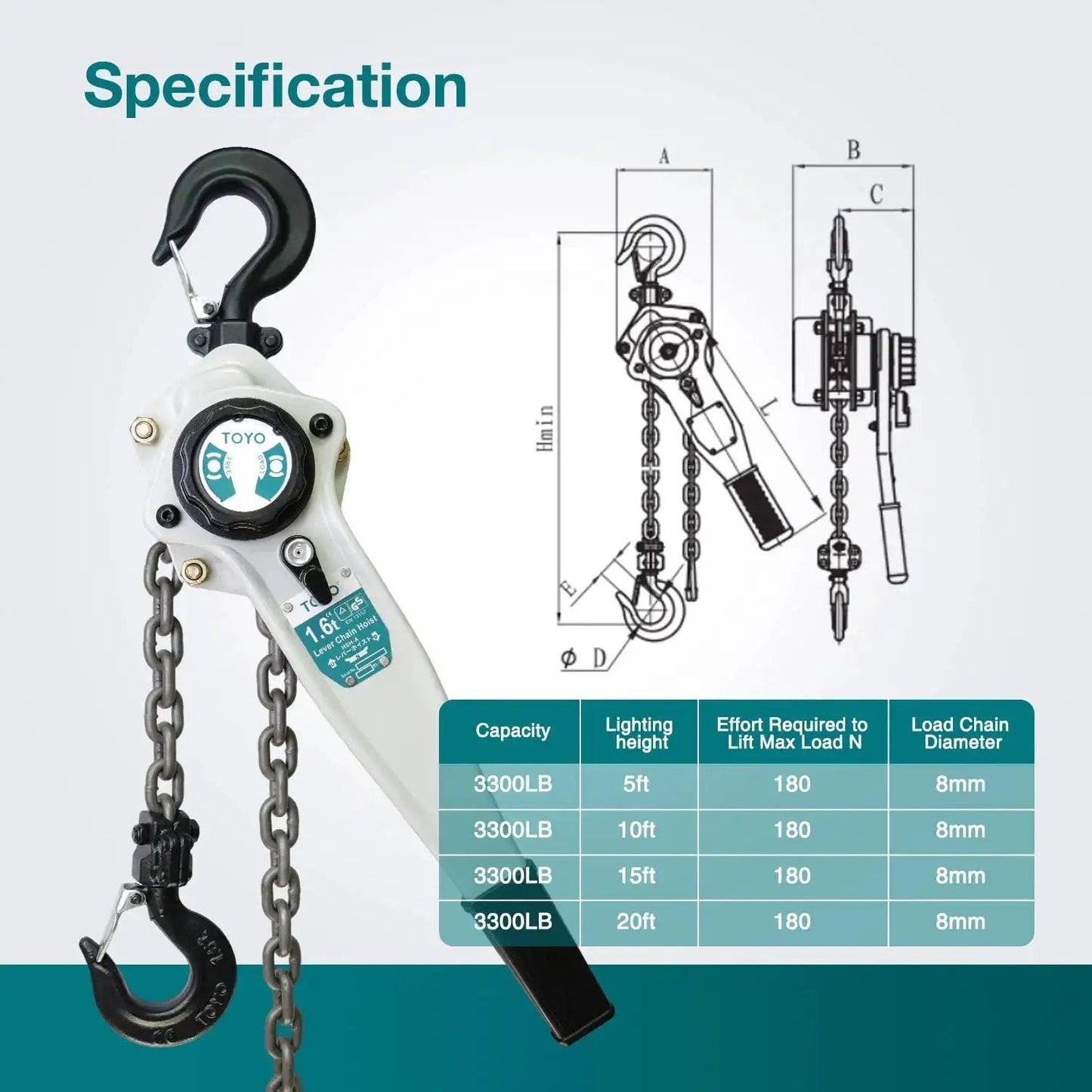 Lever Chain Hoist 3500 Lbs 20 Ft With G80 Alloy Chain And 2 Heavy Duty Hooks, specifications diagram visible.