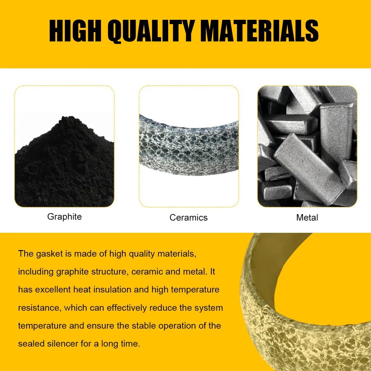 Materials used in 65mm Car Exhaust Gasket With High Grade Graphite Flange Seal Donut Muffler Ring, including graphite, ceramics, and metal.