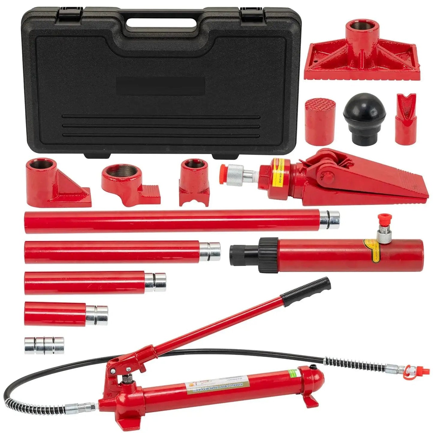 12 Ton Hydraulic Jack Kit With 55 Inch Hose For Heavy Duty Vehicle Frame Repair in red with multiple components and case