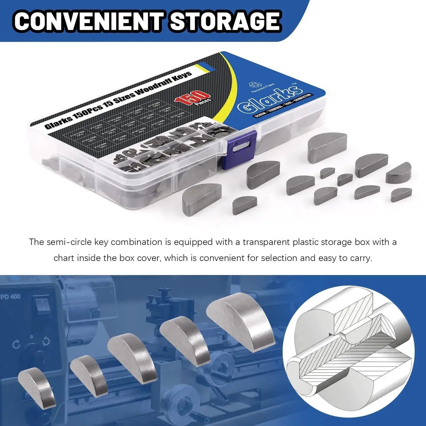 Woodruff Keys Kit Glarks 150 Pcs 15 Sizes Carbon Steel Semi Circular Keys Set in open plastic storage box