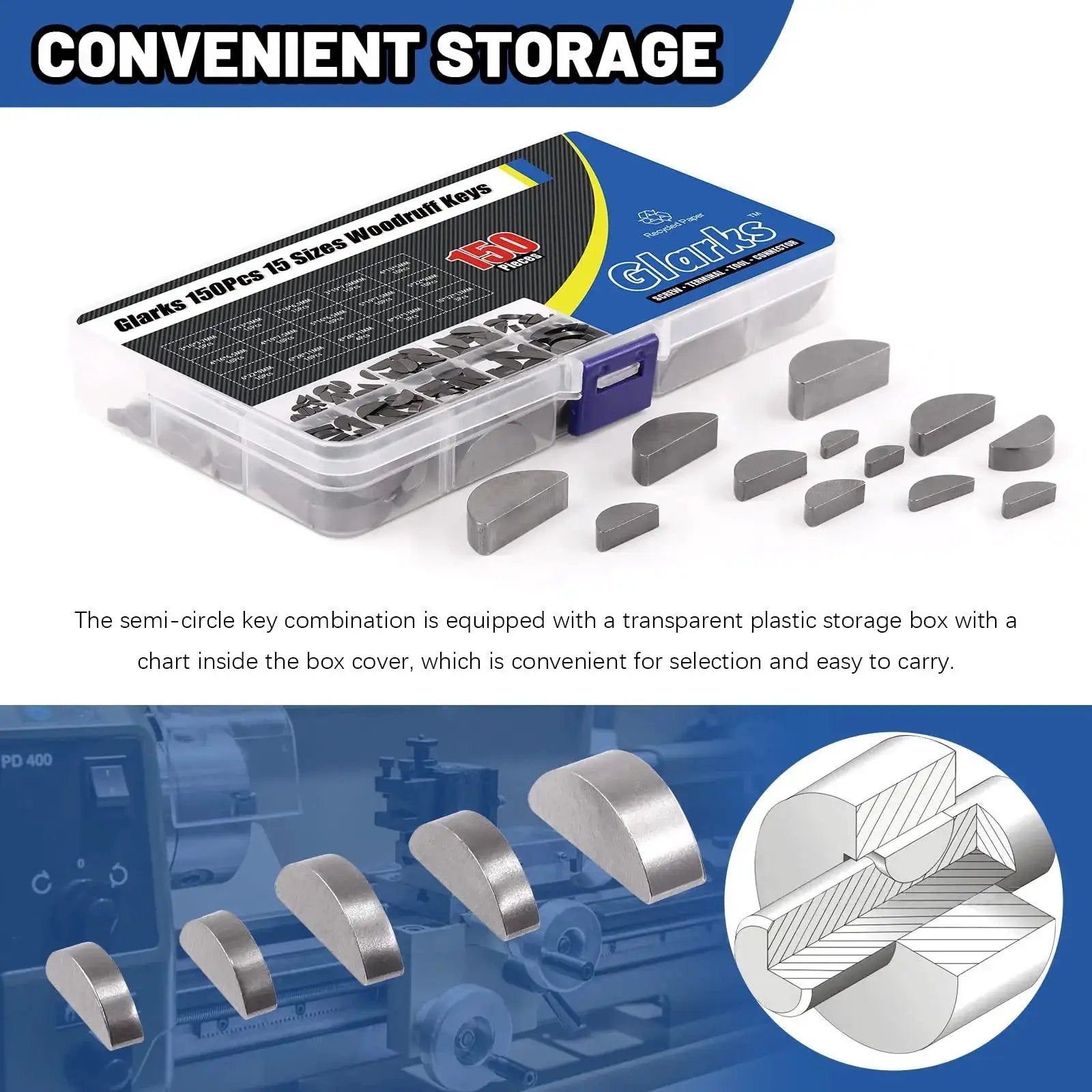 Woodruff Keys Kit Glarks 150 Pcs 15 Sizes Carbon Steel Semi Circular Keys Set in open plastic storage box