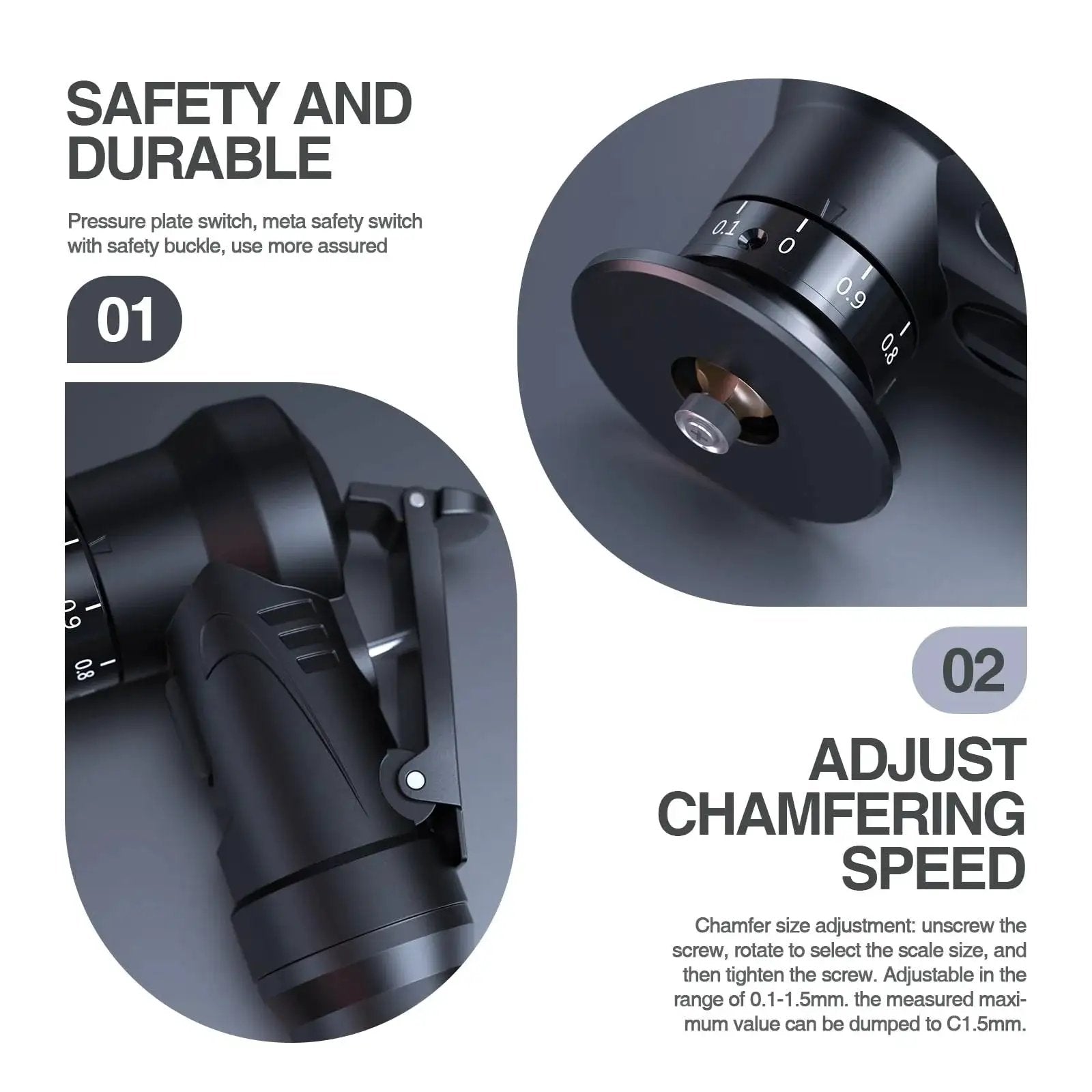 Mini Pneumatic Chamfering Machine For Metal Beveling Pro Grade Portable Deburring Tool shown with adjustable speed settings
