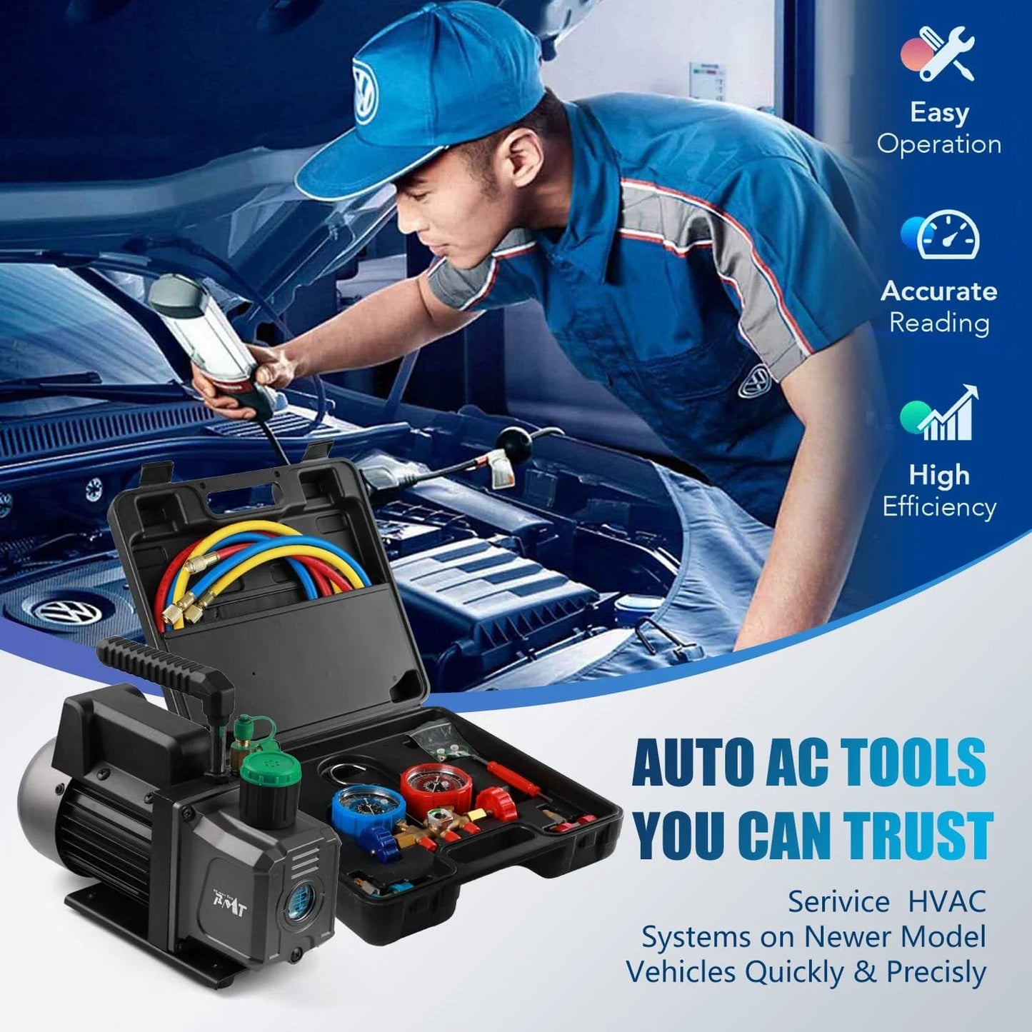 Mechanic using Pro Grade Auto AC Service Kit with vacuum pump and manifold gauge on car HVAC system