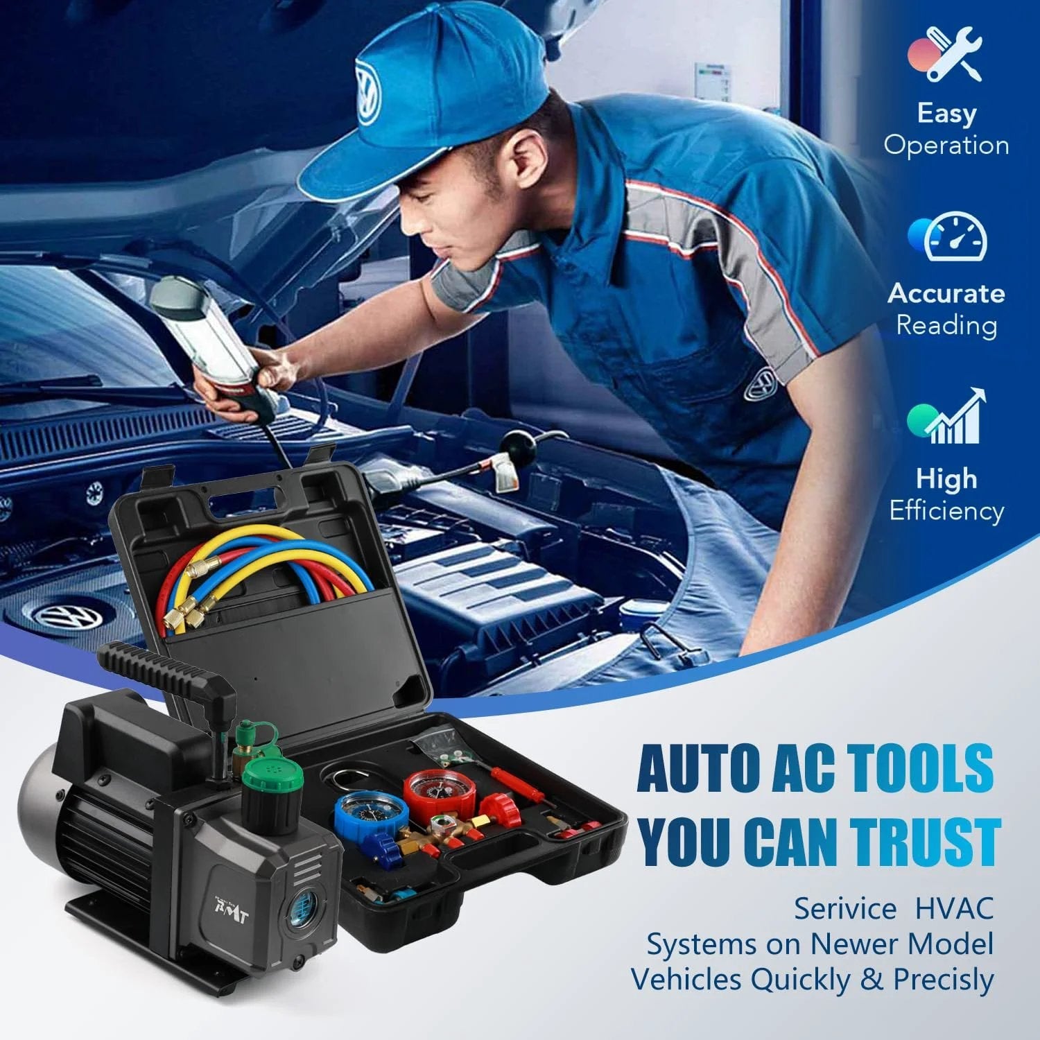 Mechanic using Pro Grade Auto AC Service Kit with vacuum pump and manifold gauge on car HVAC system