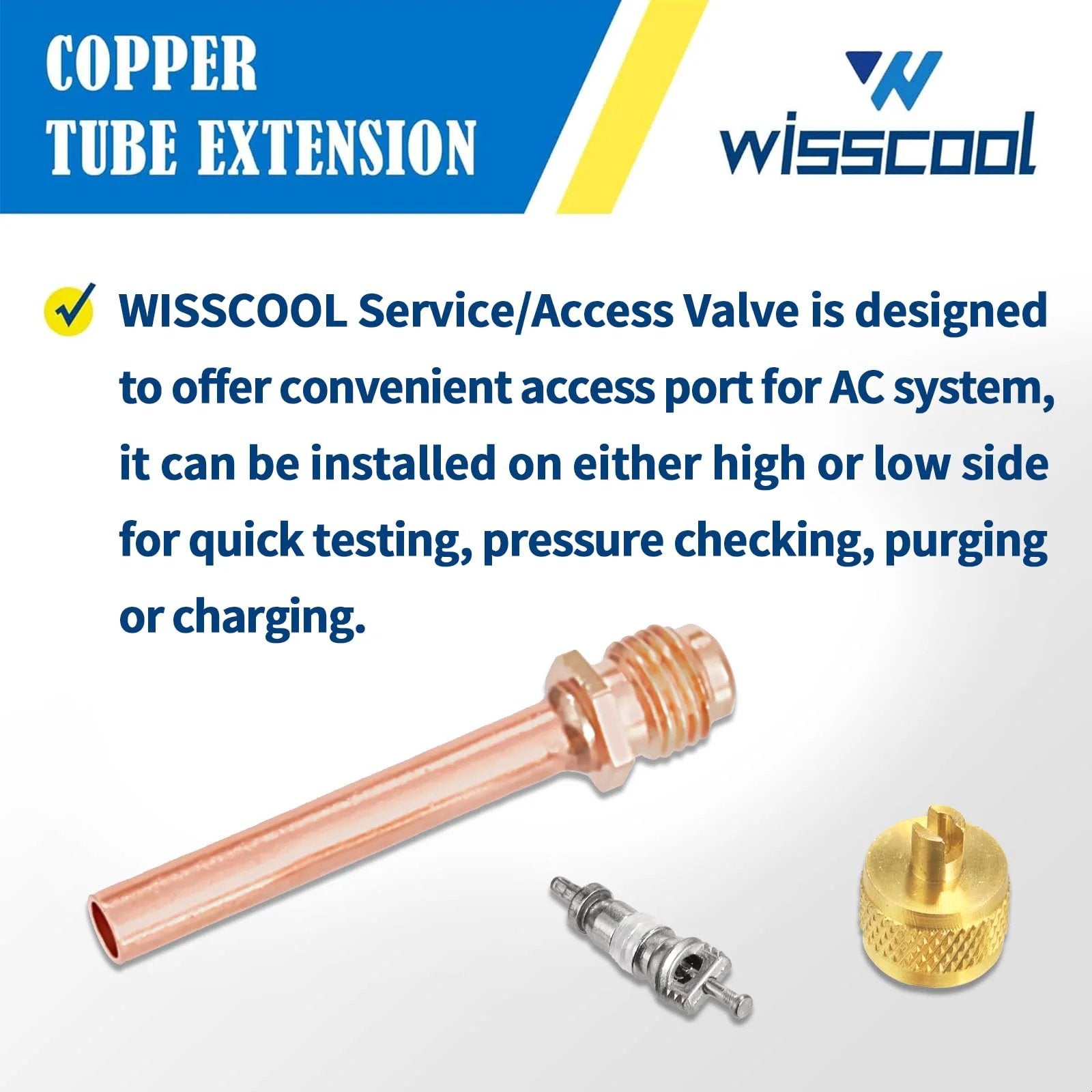 Wisscool copper tube extension with HVAC Schrader valve and cap for AC system access, visible components on white background.