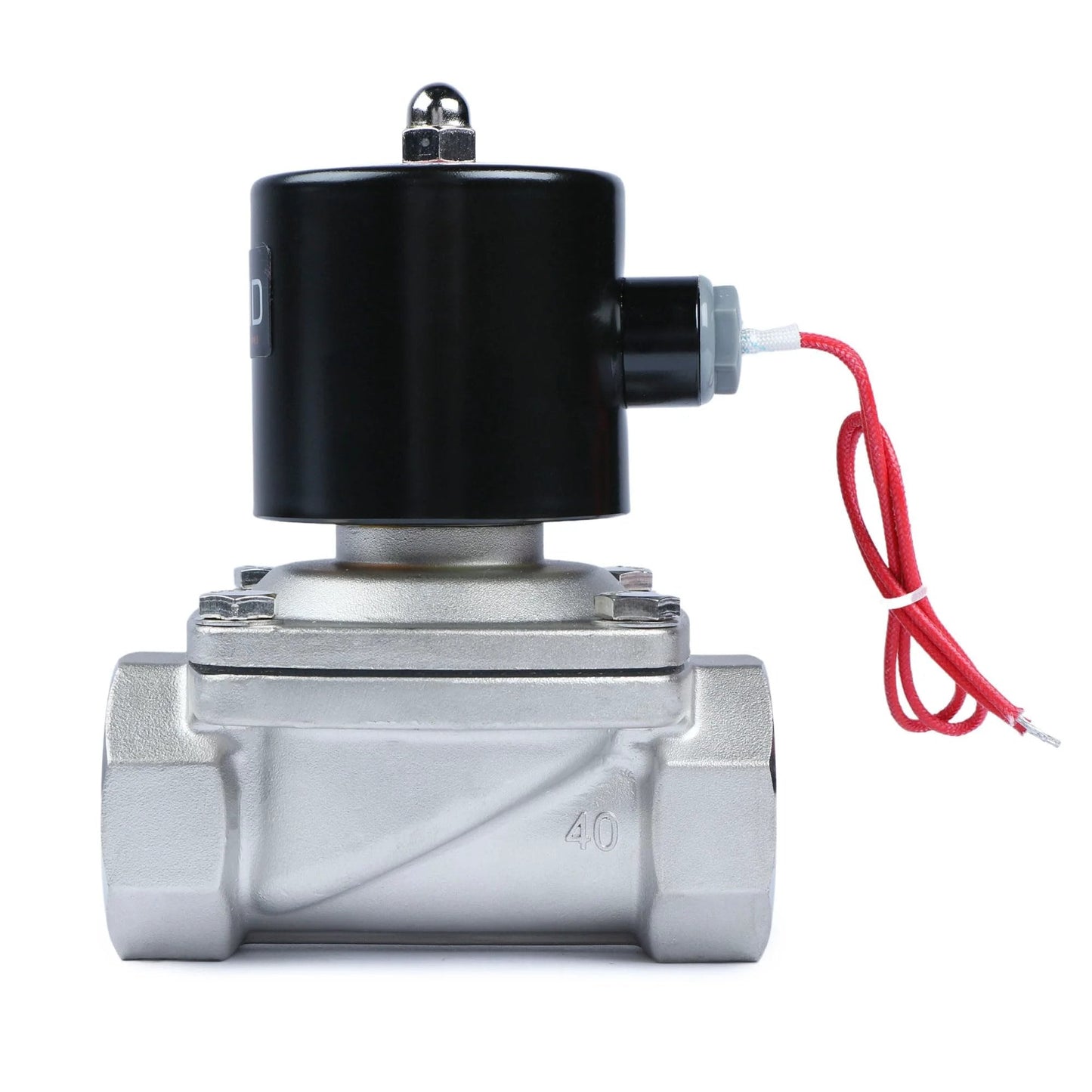 Stainless Steel One And One Half Inch 12V DC Solenoid Valve With Viton Seal Normally Closed Fast Actuation Under 1 Second For Gasoline Diesel Oils And Lubricants front view