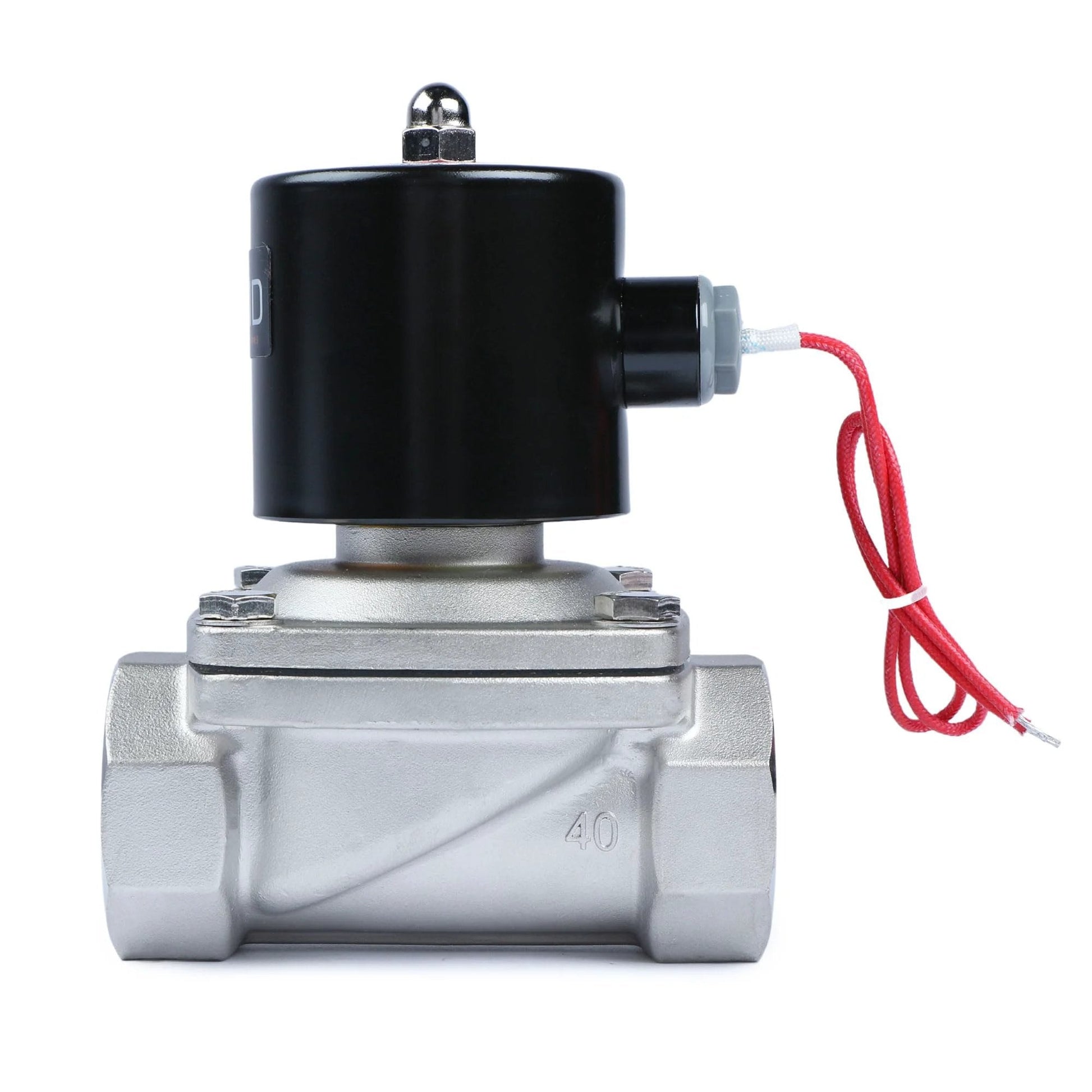 Stainless Steel One And One Half Inch 12V DC Solenoid Valve With Viton Seal Normally Closed Fast Actuation Under 1 Second For Gasoline Diesel Oils And Lubricants front view