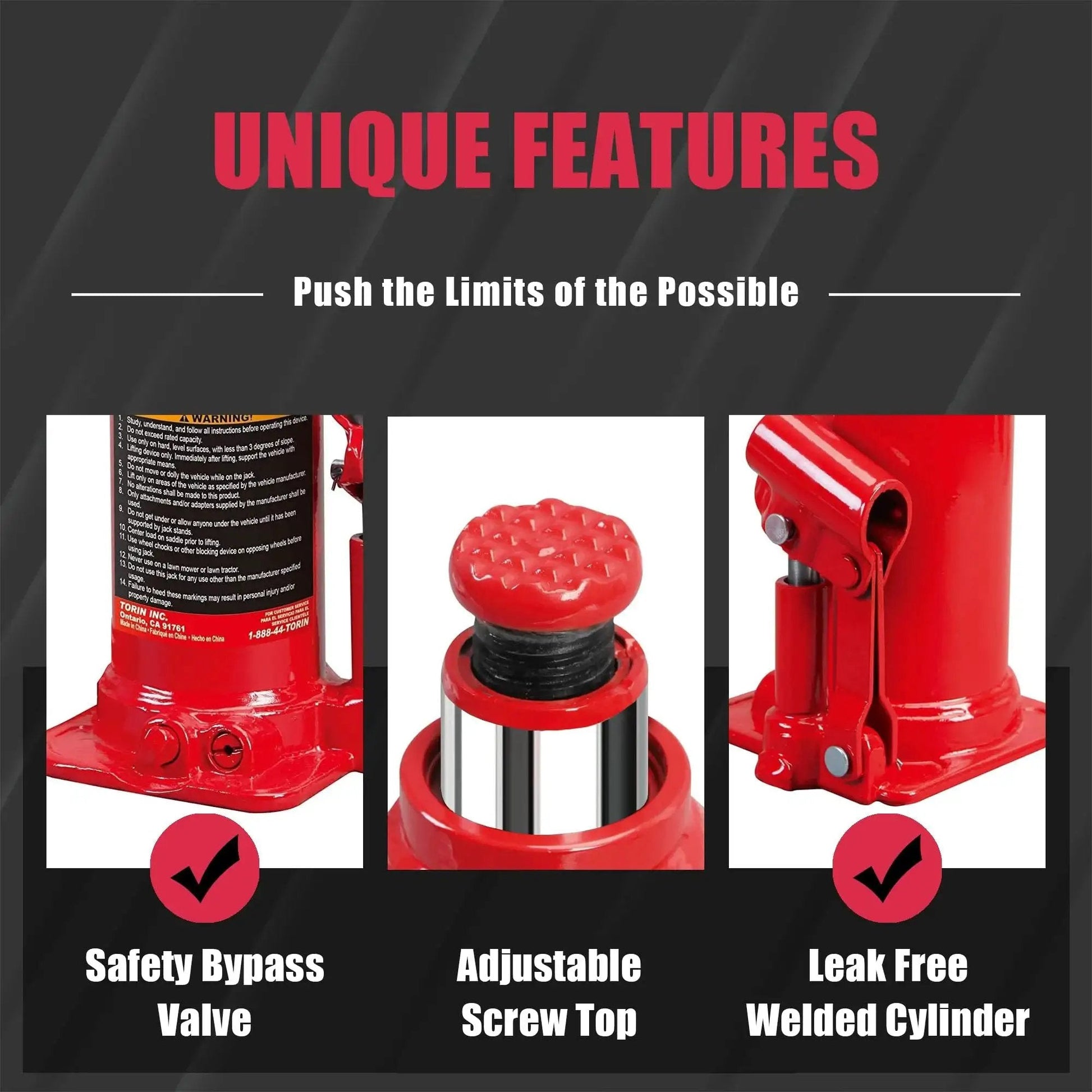 12 Ton Hydraulic Bottle Jack with 9 to 18 Inch Lift and Serrated Saddle, showcasing features including safety bypass valve and adjustable screw top.