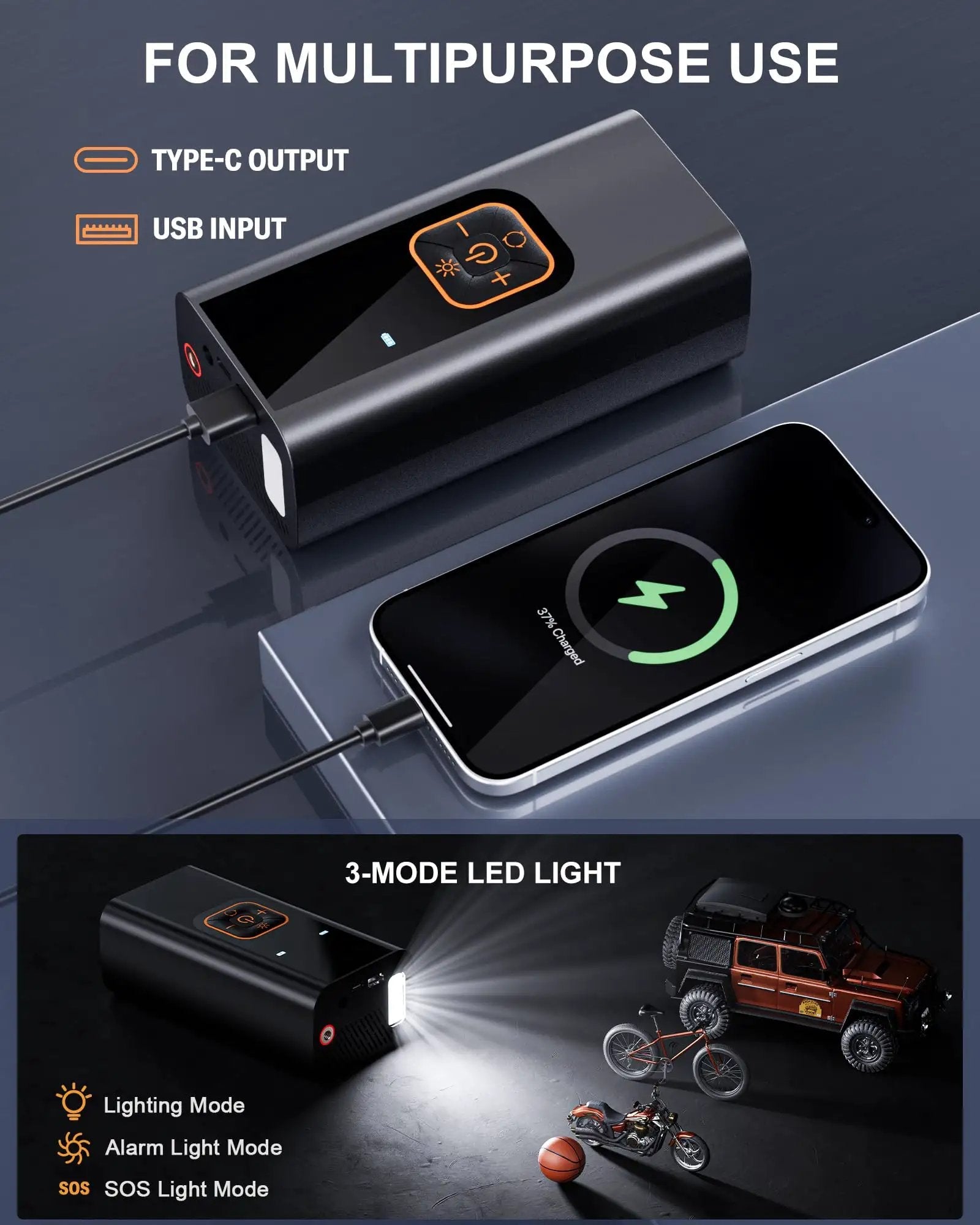 Tire Inflator Portable Air Compressor That Delivers 6X Faster Inflation to 180 PSI Electric Car Tire Pump With Pressure Gauge for Car Tires Obsidian Black showing Type-C and USB inputs.