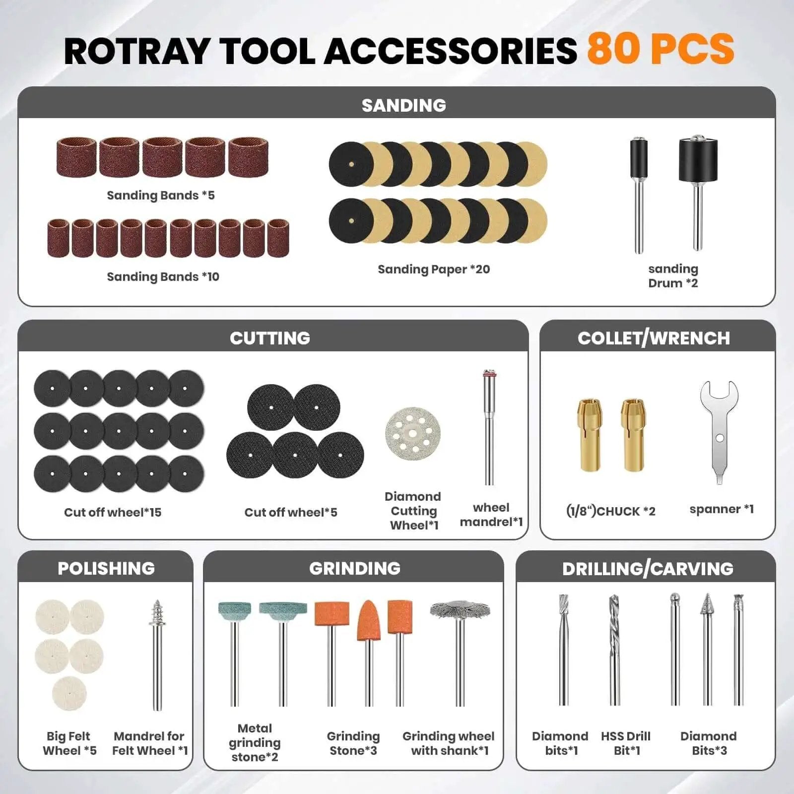 Rotary tool accessories set with 80 pieces including sanding bands, cutting wheels, drill bits, and polishing tools for DIY crafts.