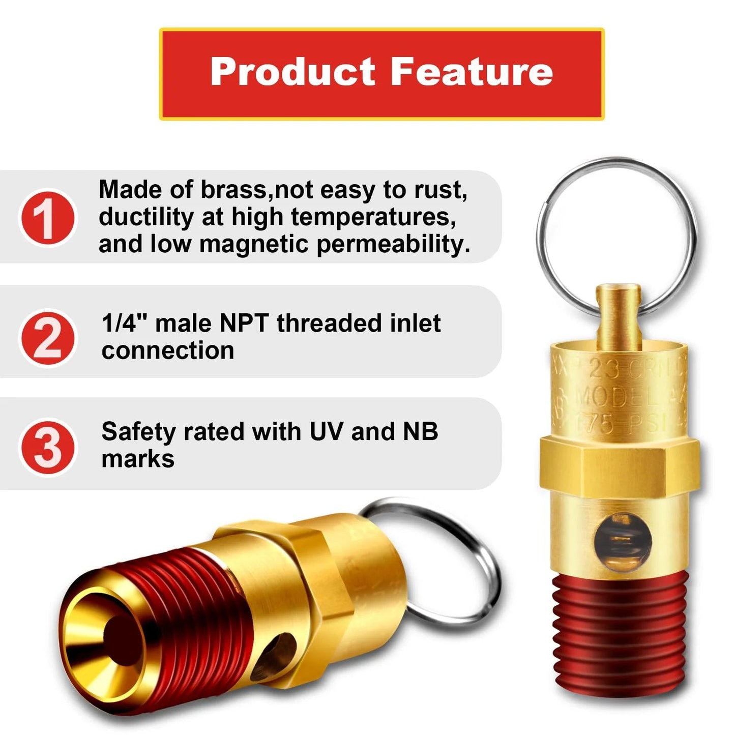 Brass One Quarter Inch NPT Pressure Relief Valve For Air Compressors, 175 PSI, Dual Pack, Safety Check Valve, Rust Resistant