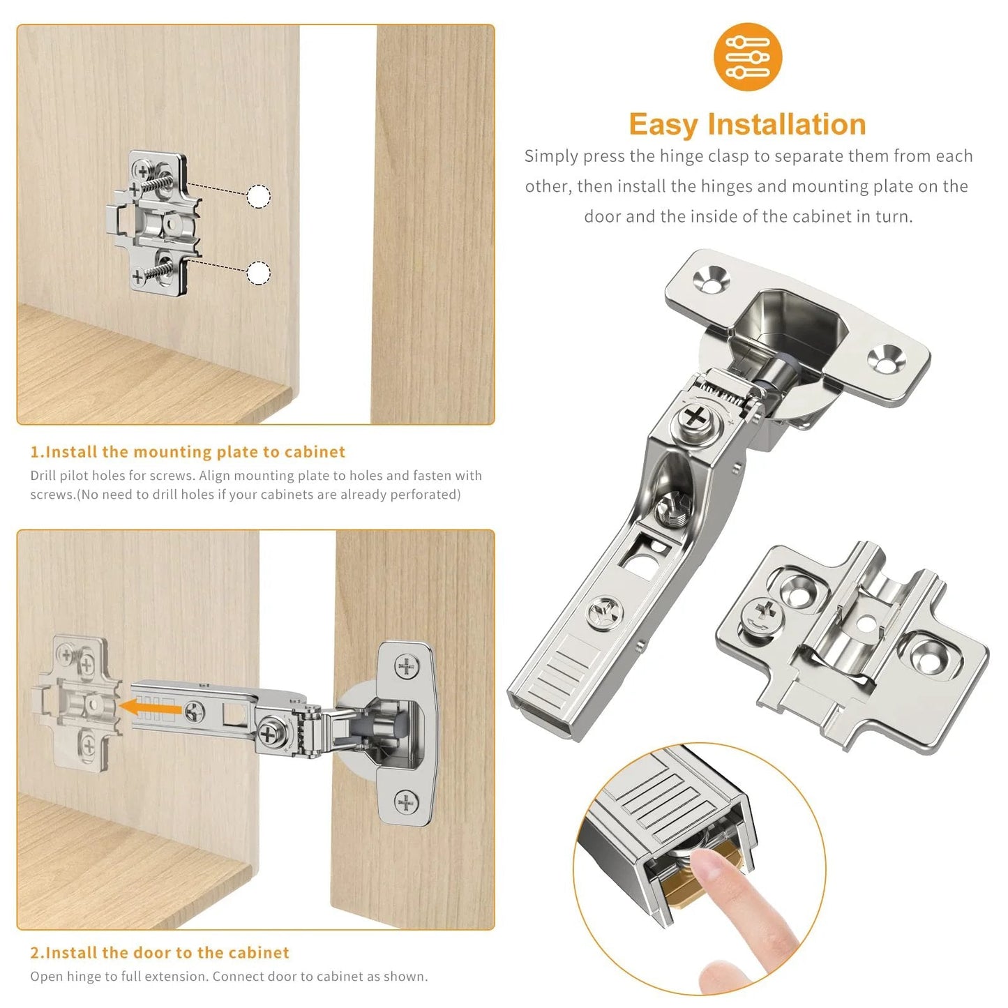 10 Pack Frameless Inset Soft Close Concealed European Cabinet Hinges for Self Closing Doors Satin Nickel Finish With 105 Degree Opening 4D Adjustment Speed Control Clip On Installation Stainless Steel For Your Cabinets showing installation steps with hinge close-up.