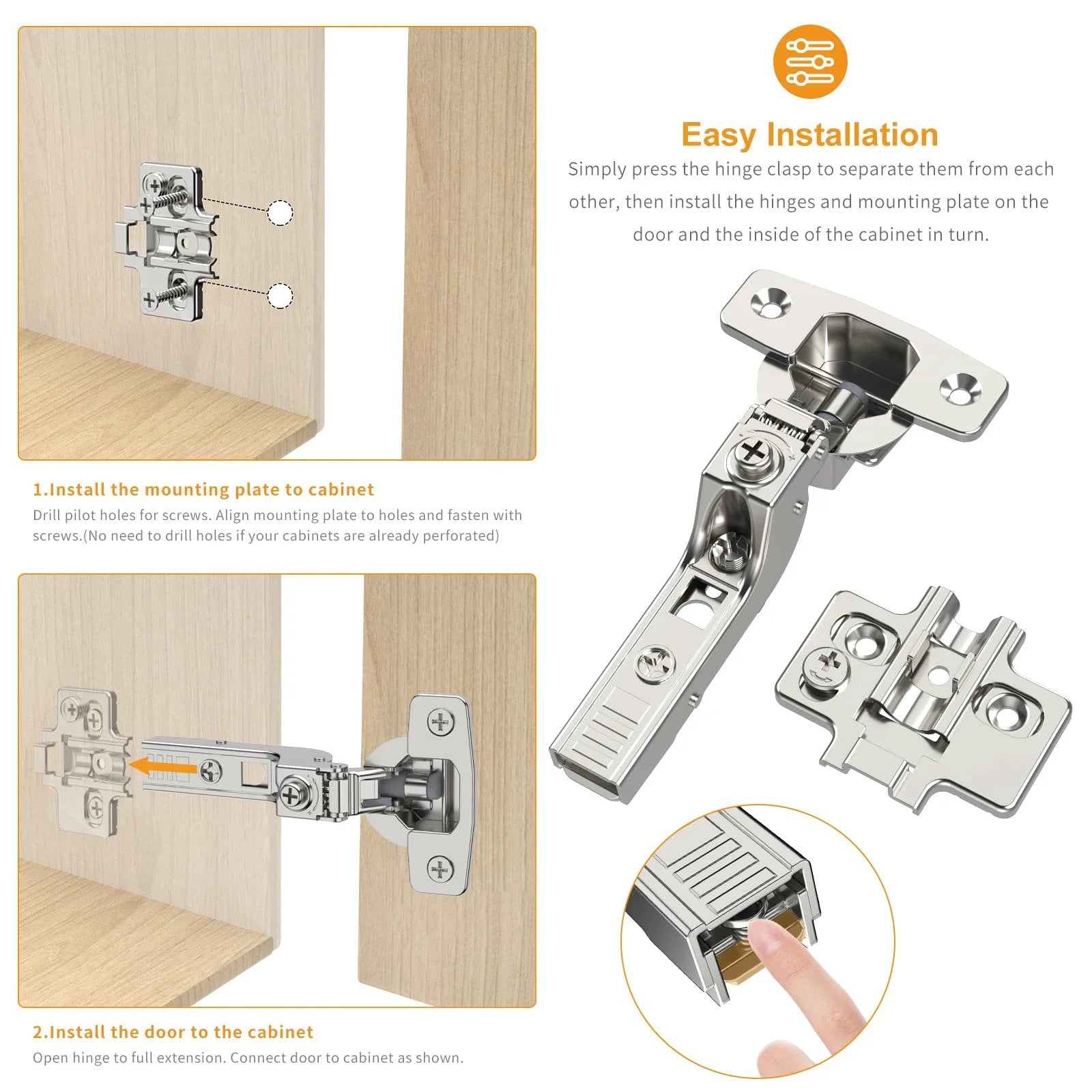 10 Pack Frameless Inset Soft Close Concealed European Cabinet Hinges for Self Closing Doors Satin Nickel Finish With 105 Degree Opening 4D Adjustment Speed Control Clip On Installation Stainless Steel For Your Cabinets showing installation steps with hinge close-up.