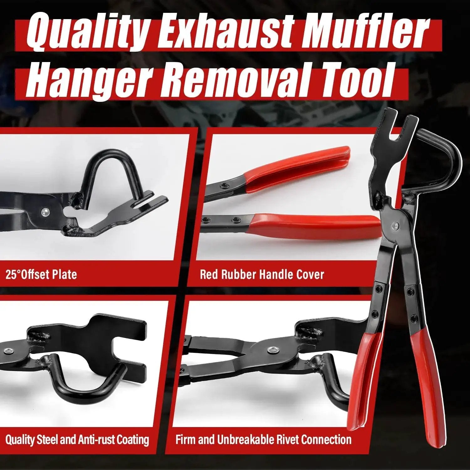 Exhaust Hanger Removal Pliers 25 Degree Offset For Cars And Trucks Non Slip Grip with red rubber handle and offset plate