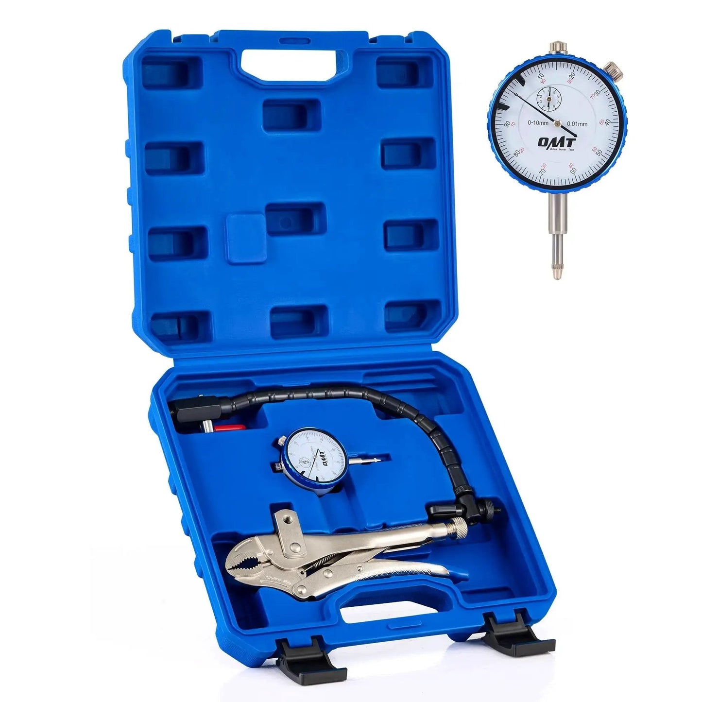 Precision Pro Grade Automotive Dial Gauge Kit For Brake Runout And Ball Joint Wear With 7 Inch Locking Pliers in open blue case
