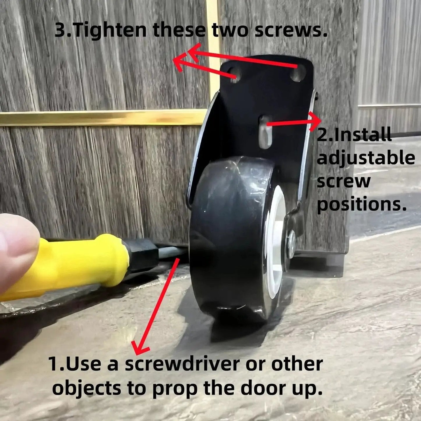 4-Pack 2-Inch Gate Wheels With Vertical Mount Anti-Sag Support for Dropping Wooden Doors, installed view with instructions.
