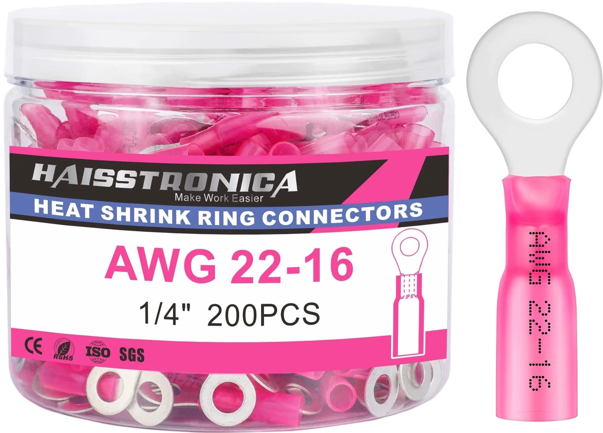 Red Heat Shrink Ring Terminals One Quarter Inch Wire Connectors For AWG 22 To 16 Marine Grade Copper Tinned Brazed Seam Insulated Electrical Crimp 200 Pack shown in packaging