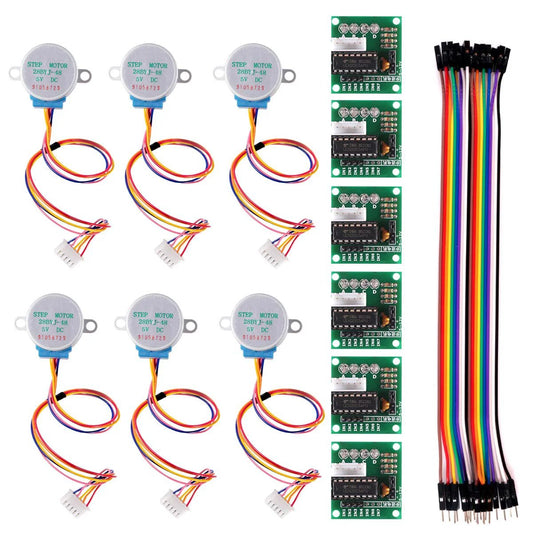 Six Pack 5V 28BYJ48 Stepper Motors With ULN2003 Driver Board, Plug And Play Modules, About 1 Inch Shaft, Great For Arduino Raspberry Pi Projects, DIY CNC Robotics And Small Automation Projects, showing front view of motors and driver boards.