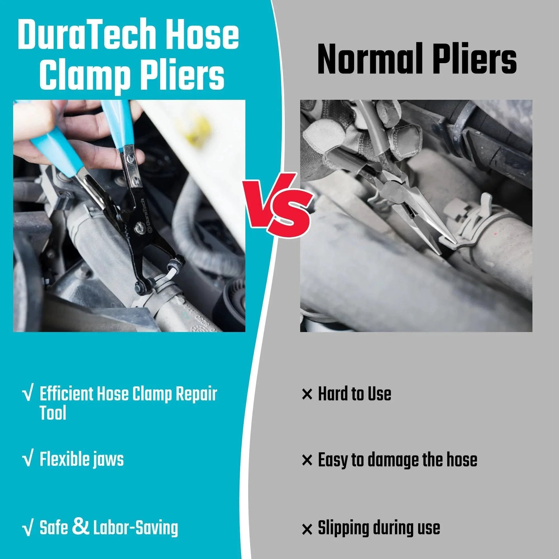 Hose Clamp Pliers With Swivel Flat Band For Automotive Repair Multi Angle Flexible Jaws With Rotating Tip For Access To Narrow Spaces Maximum Opening Two Point Two Eight Inches Removal And Installation Tool For Ring Type And Spring Band Clamps comparison with normal pliers