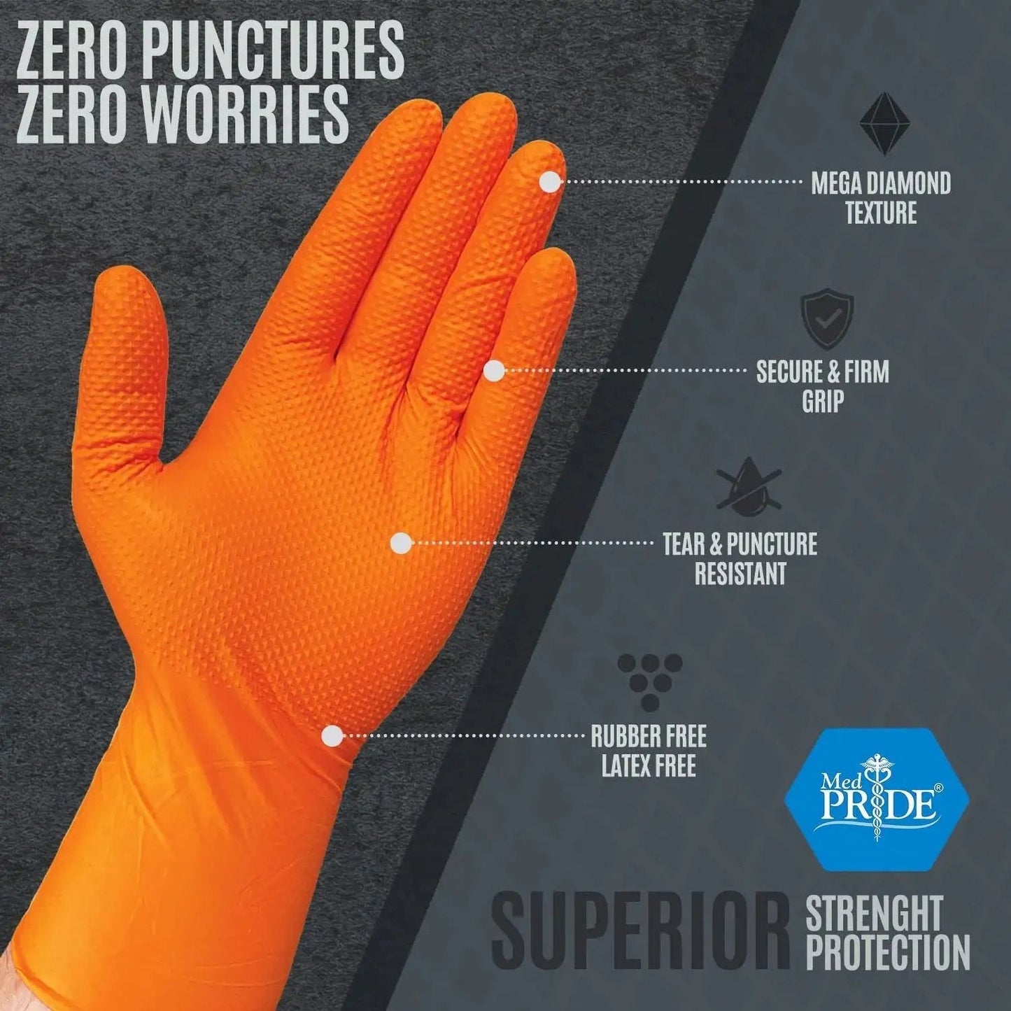 Close-up of a hand wearing Industrial Nitrile Gloves 8 Mil Heavy Duty Diamond Texture Orange Size Large, showing diamond grip features.