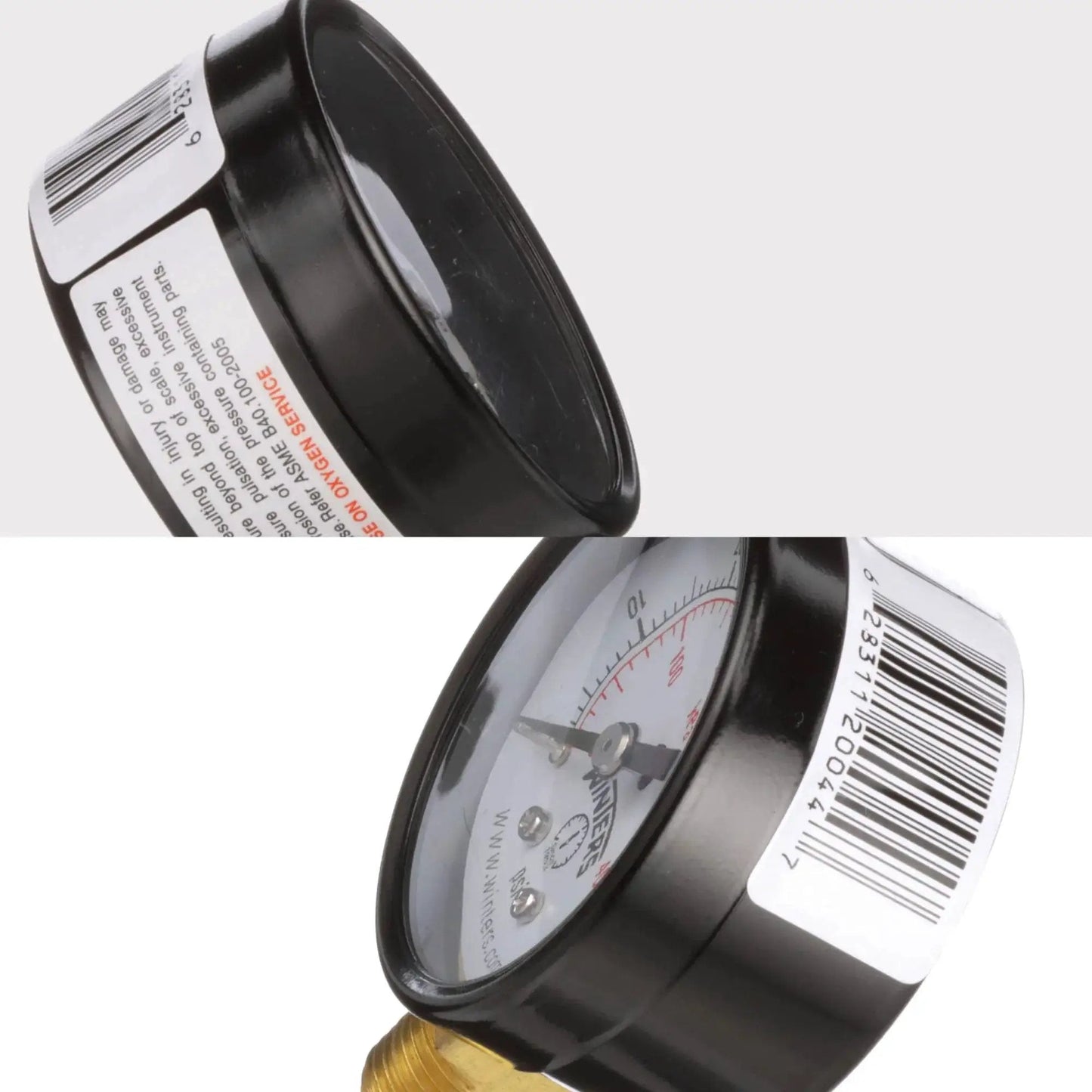 Side view of 2 Inch Dial Dry Pressure Gauge with Brass Internals and Black Steel Case, bottom mount, dual scale 0 to 100 Psi and kPa.