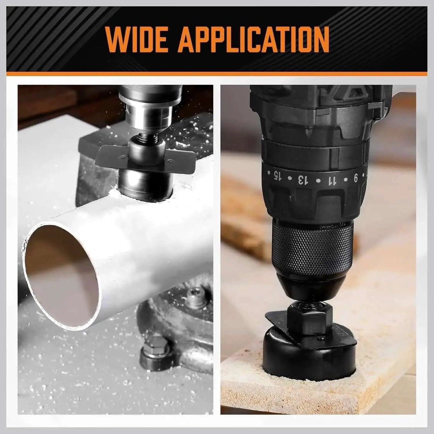 Complete 24 Piece Hole Saw Kit With 17 Blades 2 Mandrels 3 Drill Bits And Installation Plate For Drywall Wood Plastic And PVC Fast Clean Holes in use