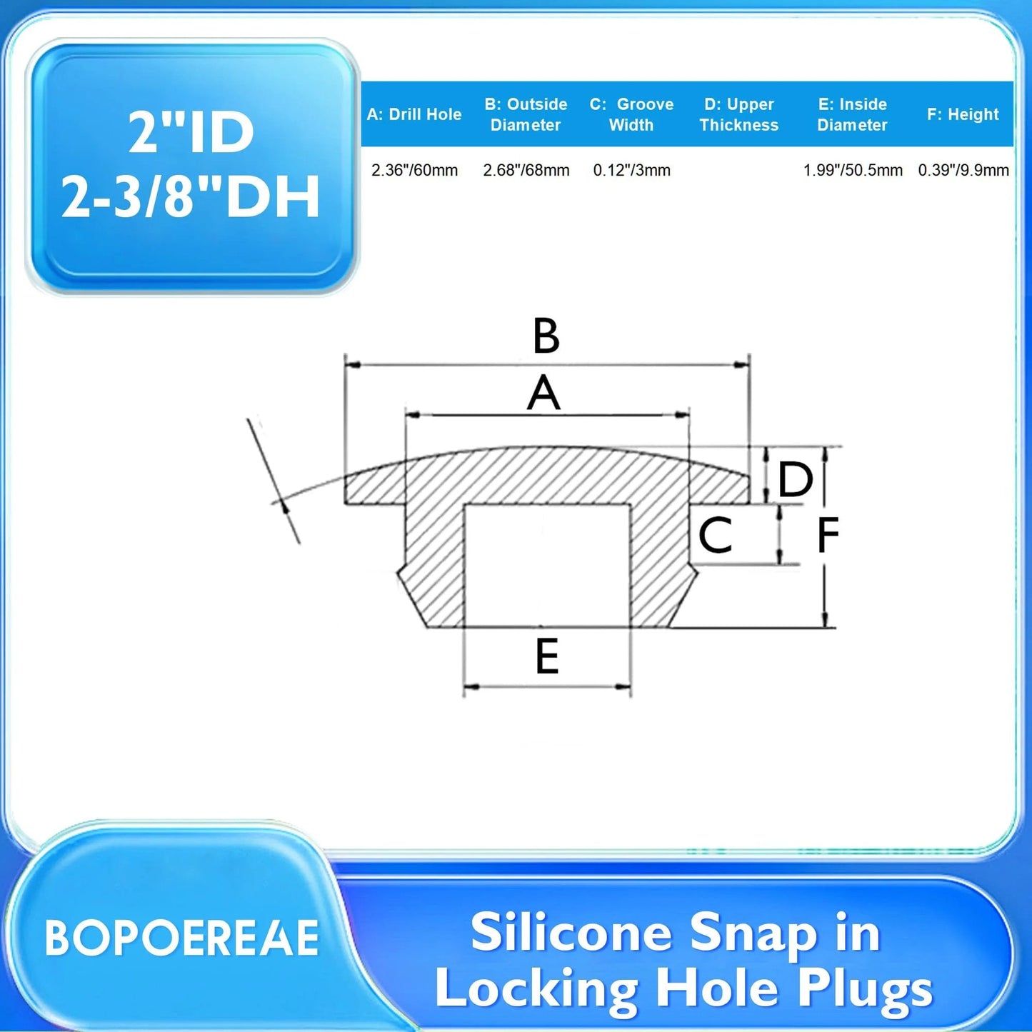 Technical diagram of 4 Pack 60 Mm Silicone Rubber Plugs Snap In Locking Hole Plugs with measurements for flush type rubber stoppers.