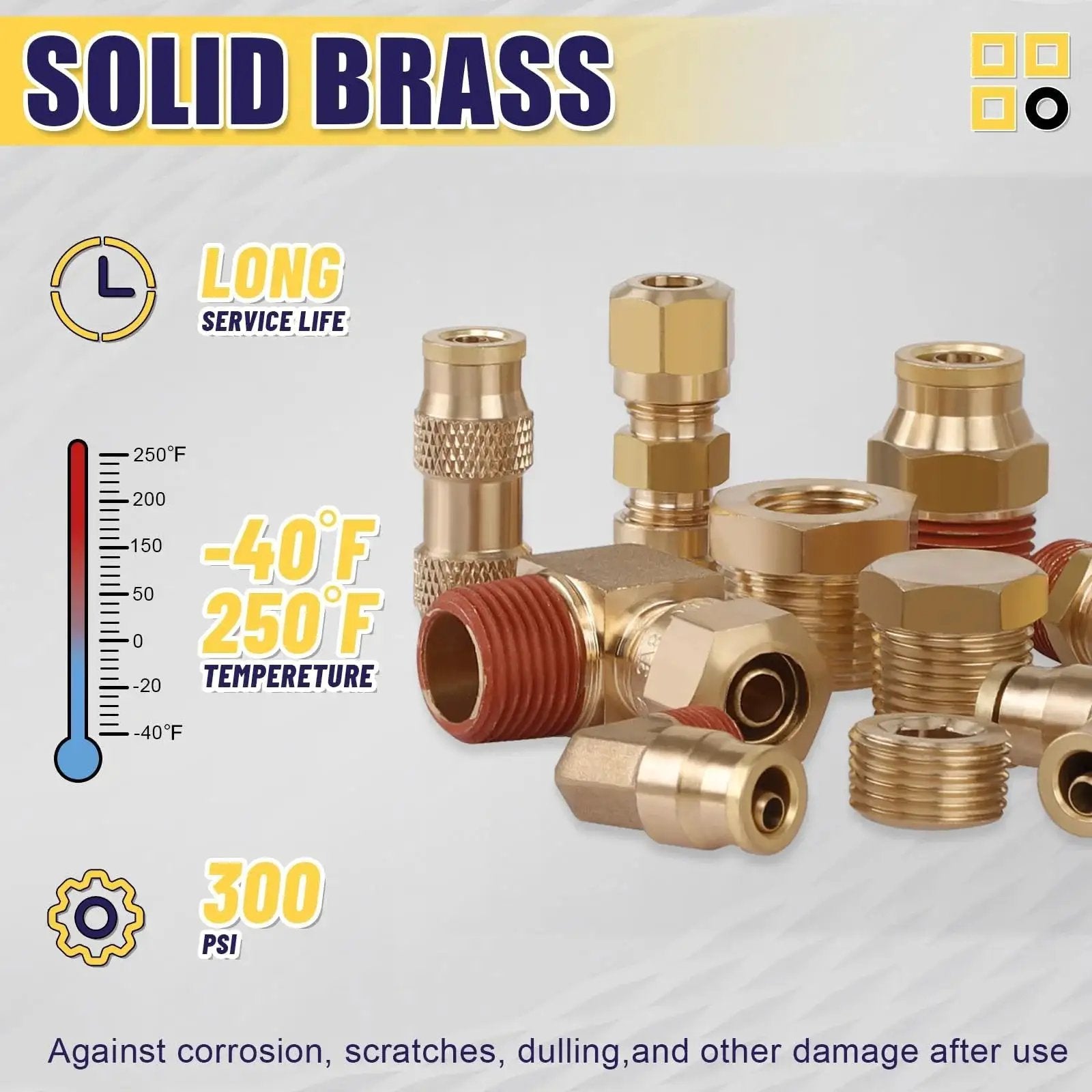 Brass DOT Push To Connect Fittings And Nylon Tubing Assortment Kit for air systems, showing temperature and pressure ratings.