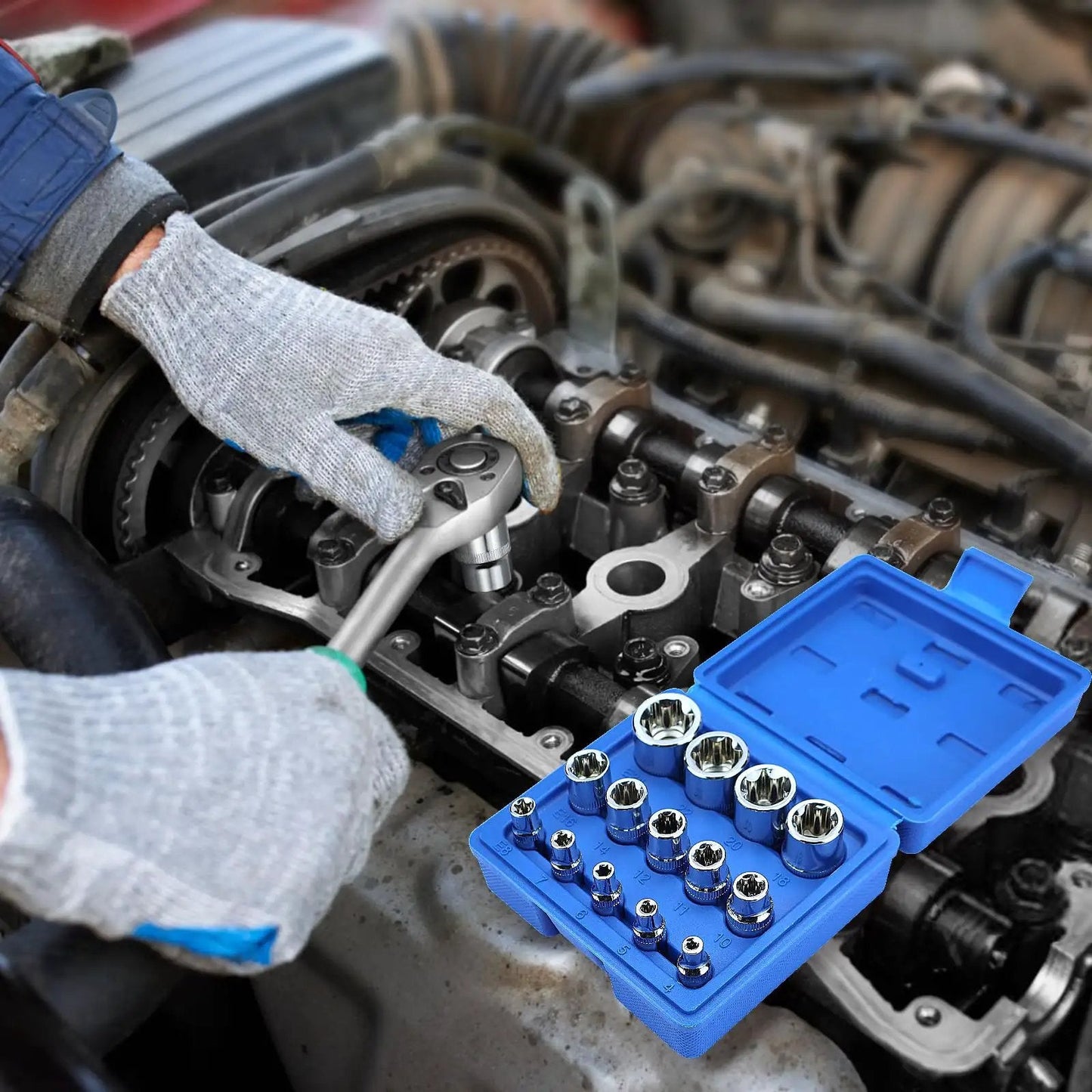 Mechanic using the 14-Piece Female E-Torx Socket Set With E4 Through E24 External Star Sockets For One Quarter Inch, Three Eighth Inch, And One Half Inch Drives, Pro Grade Cr-V Steel, Compatible With Regular And E-Torx Plus, Auto Repair Kit With Storage Case on an engine.