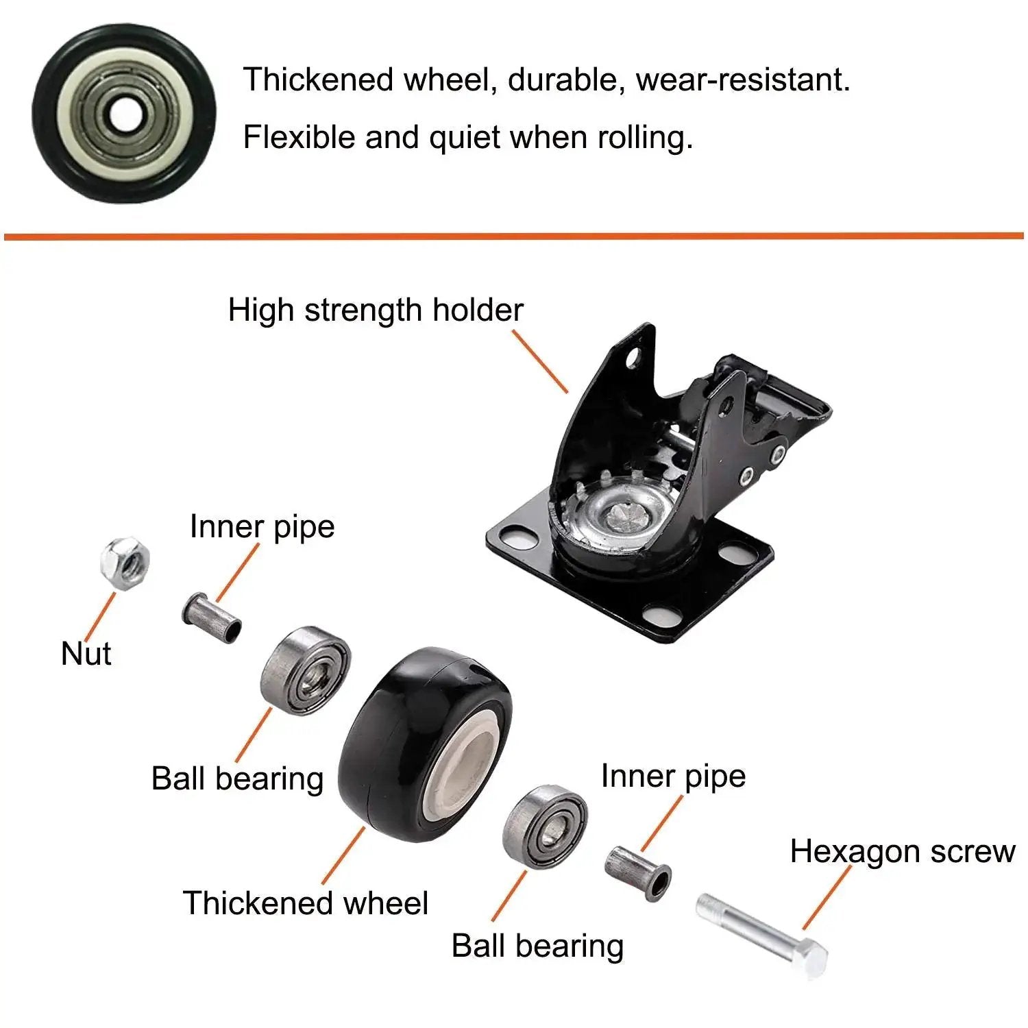 Components of 2 Inch Caster Wheels Set Of 4 With 360 Degree Swivel And Brakes Lockable Bearing Plate Casters Non Marking Polyurethane Wheels