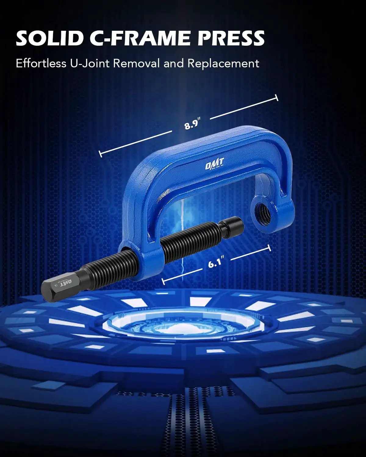Close-up of 23Pc Ball Joint Press Kit With U Joint Removal Sockets And Heavy Duty Adapters showing blue C-frame dimensions