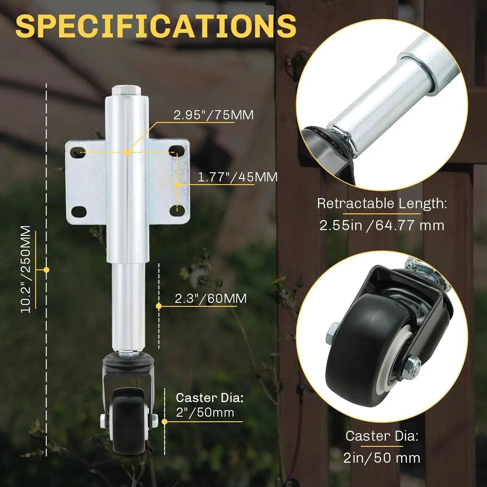 2 Inch Spring Loaded Gate Caster Wheels, 2 Pack Retractable Swivel Casters for Garden Gates and Yard Fences with specs