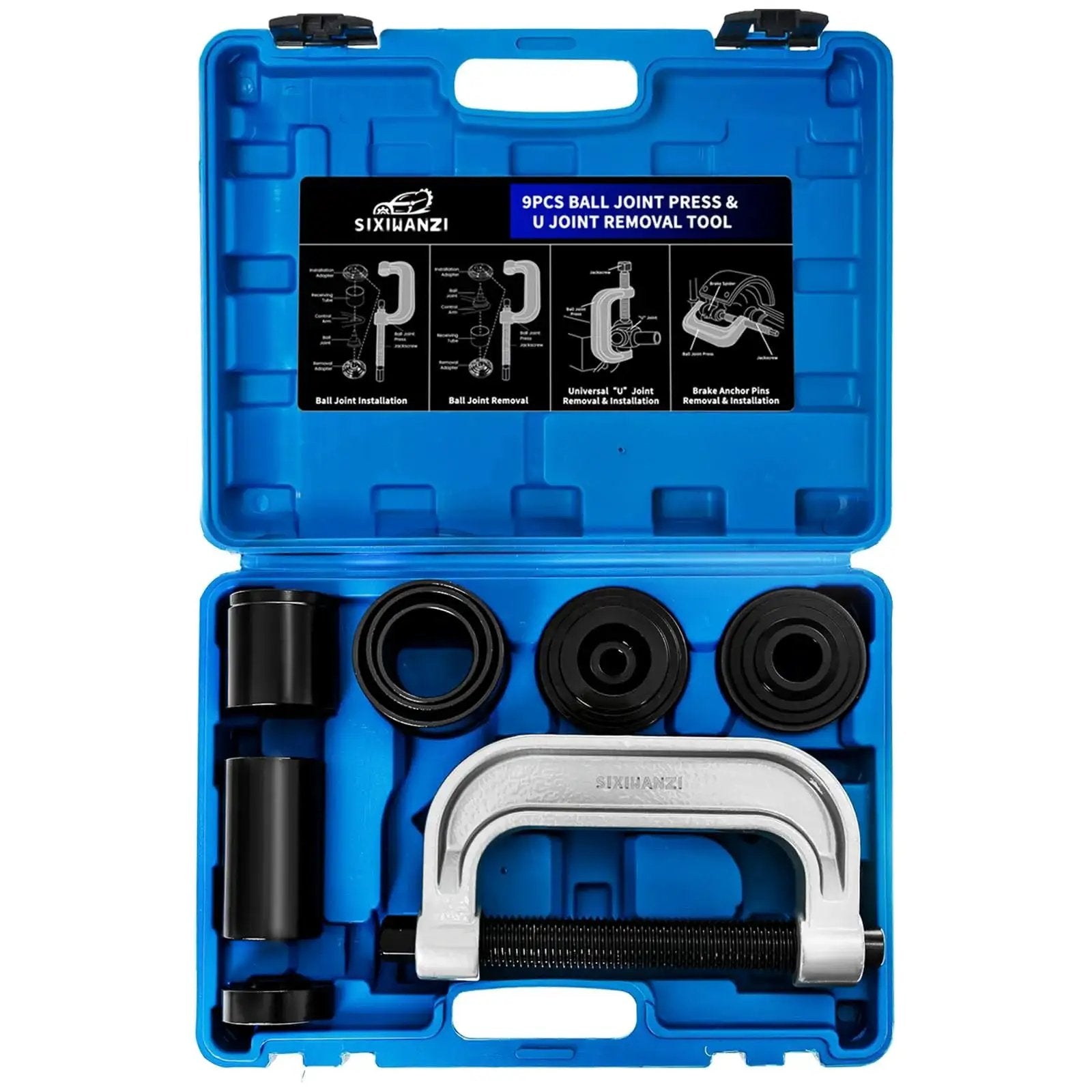 Ball Joint Press And U Joint Kit For Cars And Light Trucks 10 Piece Set in blue case with forged steel tools