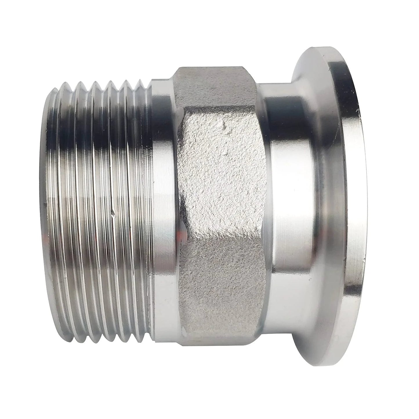 Side view of 1.5 Inch Sanitary Tri Clamp To 1-1/4 Inch NPT Male Hex Thread Adapter in 304 stainless steel.