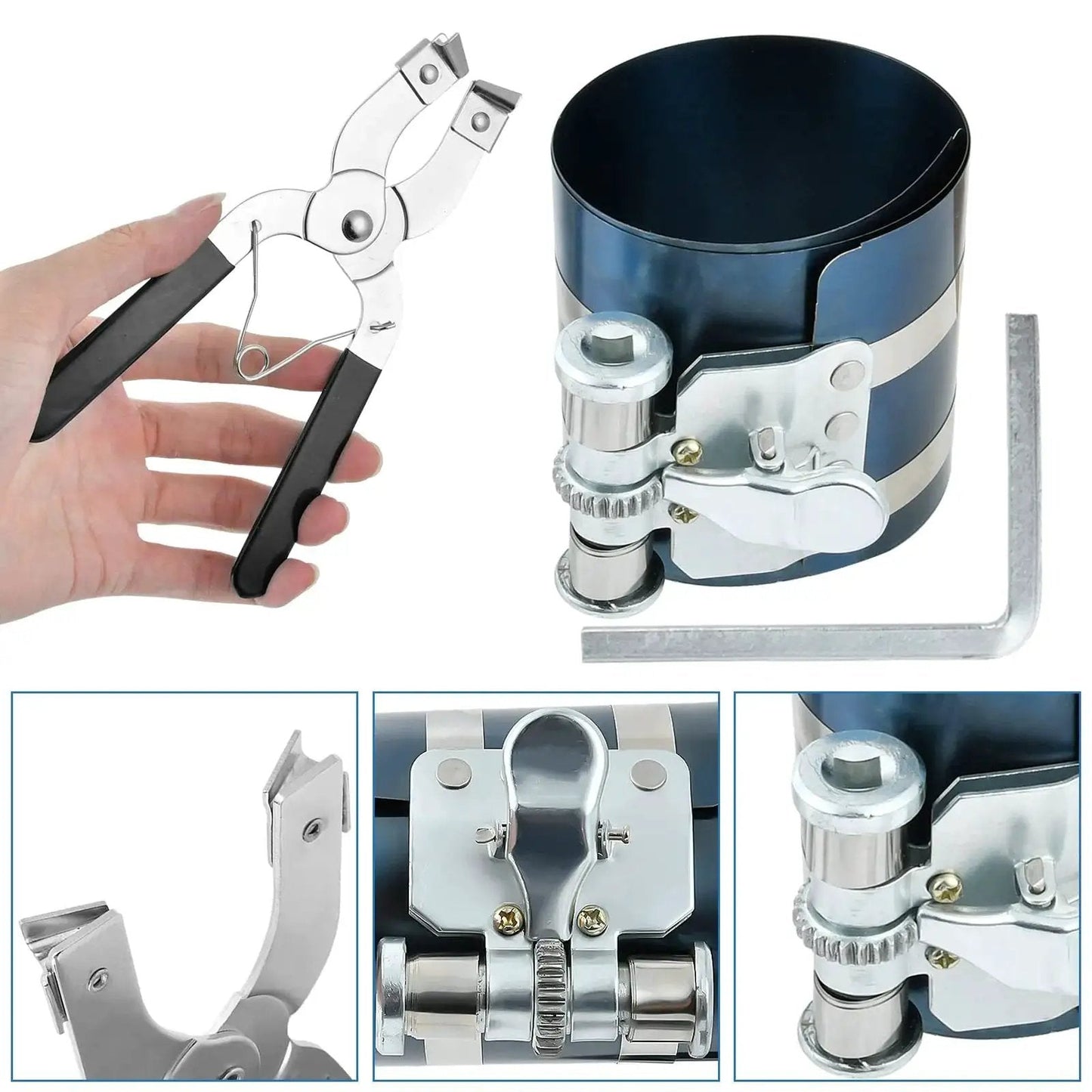 All In One 8 Piece Piston Ring Compressor Kit For Car Engines With Adjustable 3 Inch 4 Inch And 6 Inch Diameters Includes Pliers Hex Keys And Stainless Steel Feeler Gauge For Fast Engine Builds Worldity showing pliers and ring adjusters