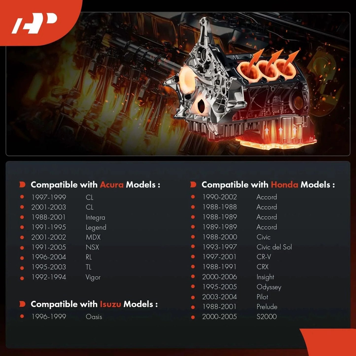 Compatibility chart for Acura, Honda, and Isuzu models with image of an engine component, highlighting Acura and Honda models compatible.