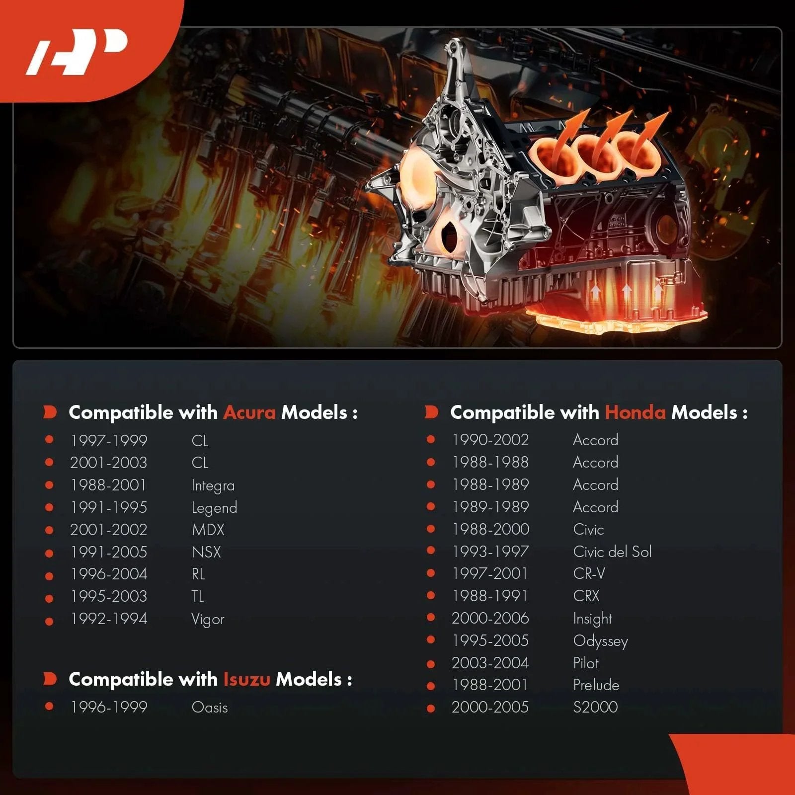 Compatibility chart for Acura, Honda, and Isuzu models with image of an engine component, highlighting Acura and Honda models compatible.