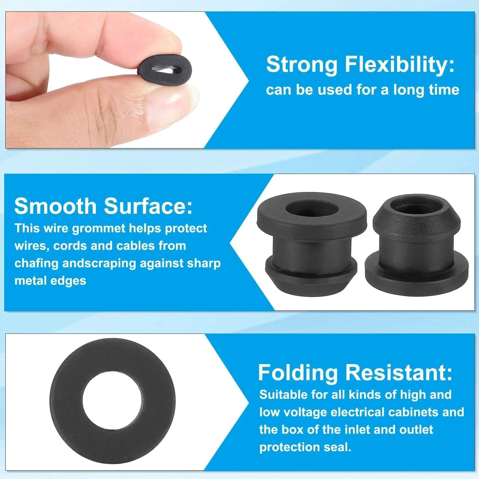 Hand holding silicone grommet with text highlighting flexibility, smooth surface, and folding resistance for cable protection.
